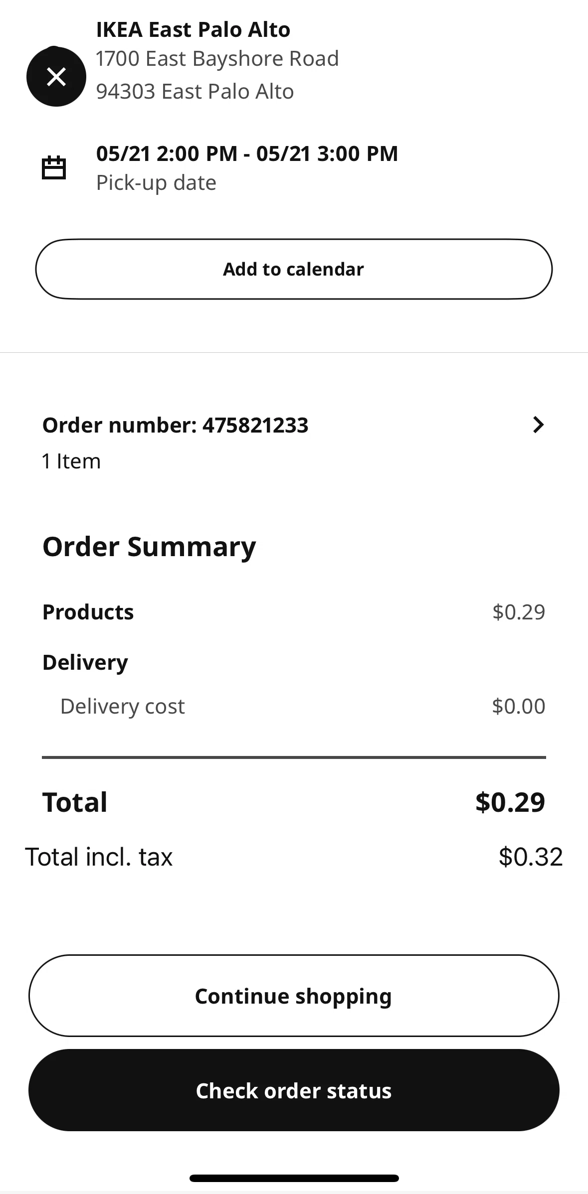 Ikea Screen screen in the Order detail flow