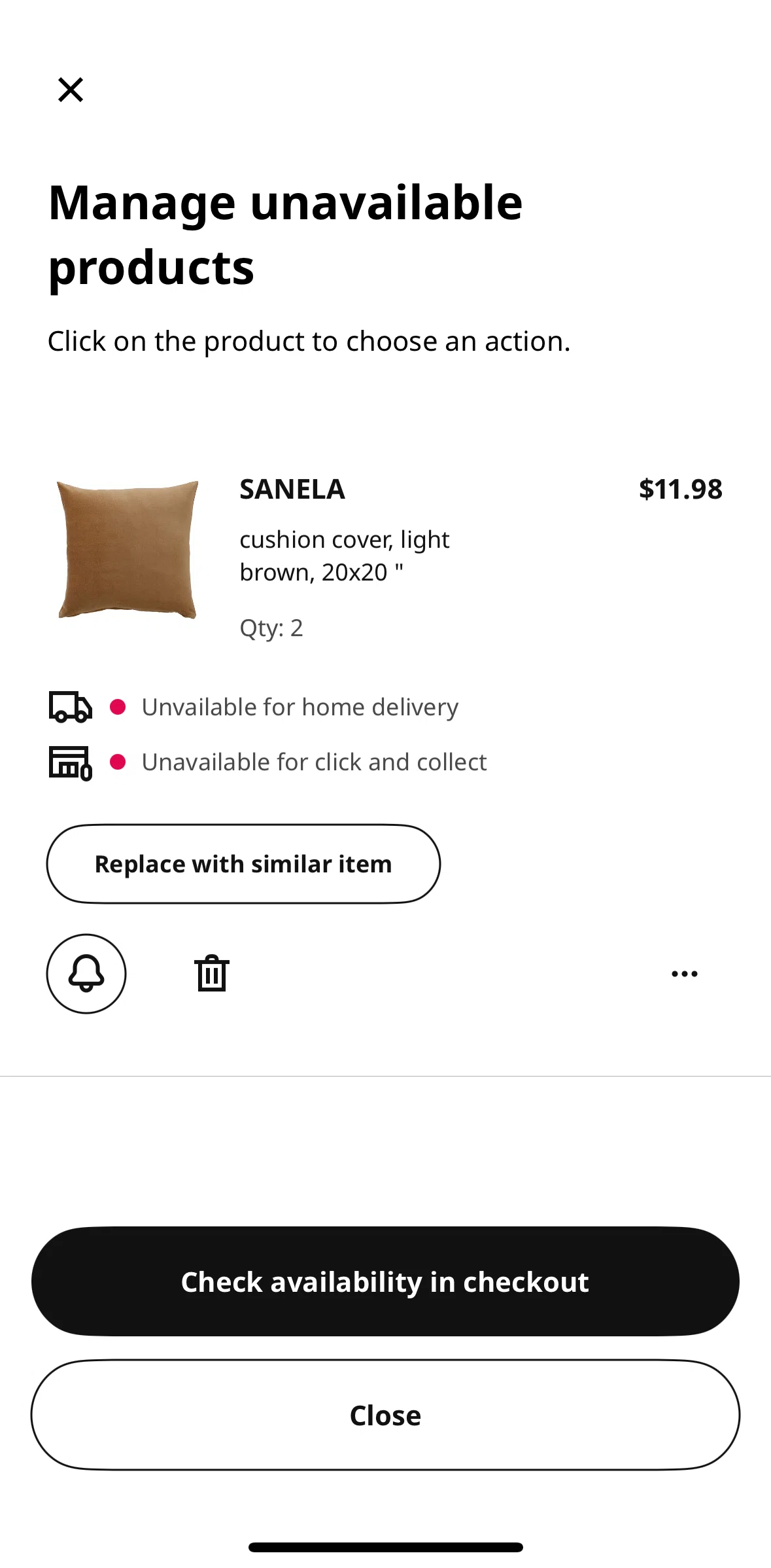 Ikea Screen screen in the Replacing with similar item flow