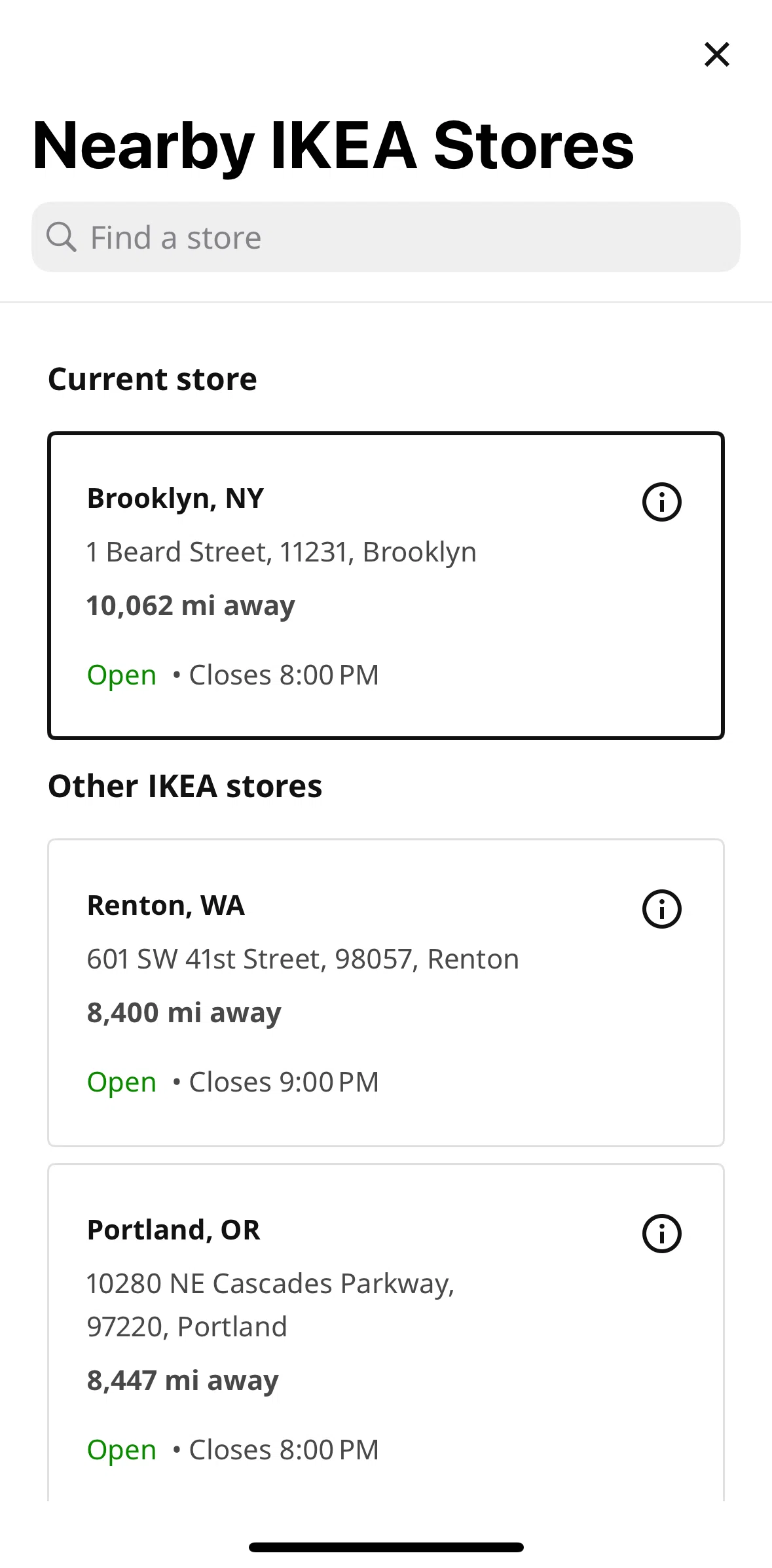 Ikea Screen screen in the Searching a store flow