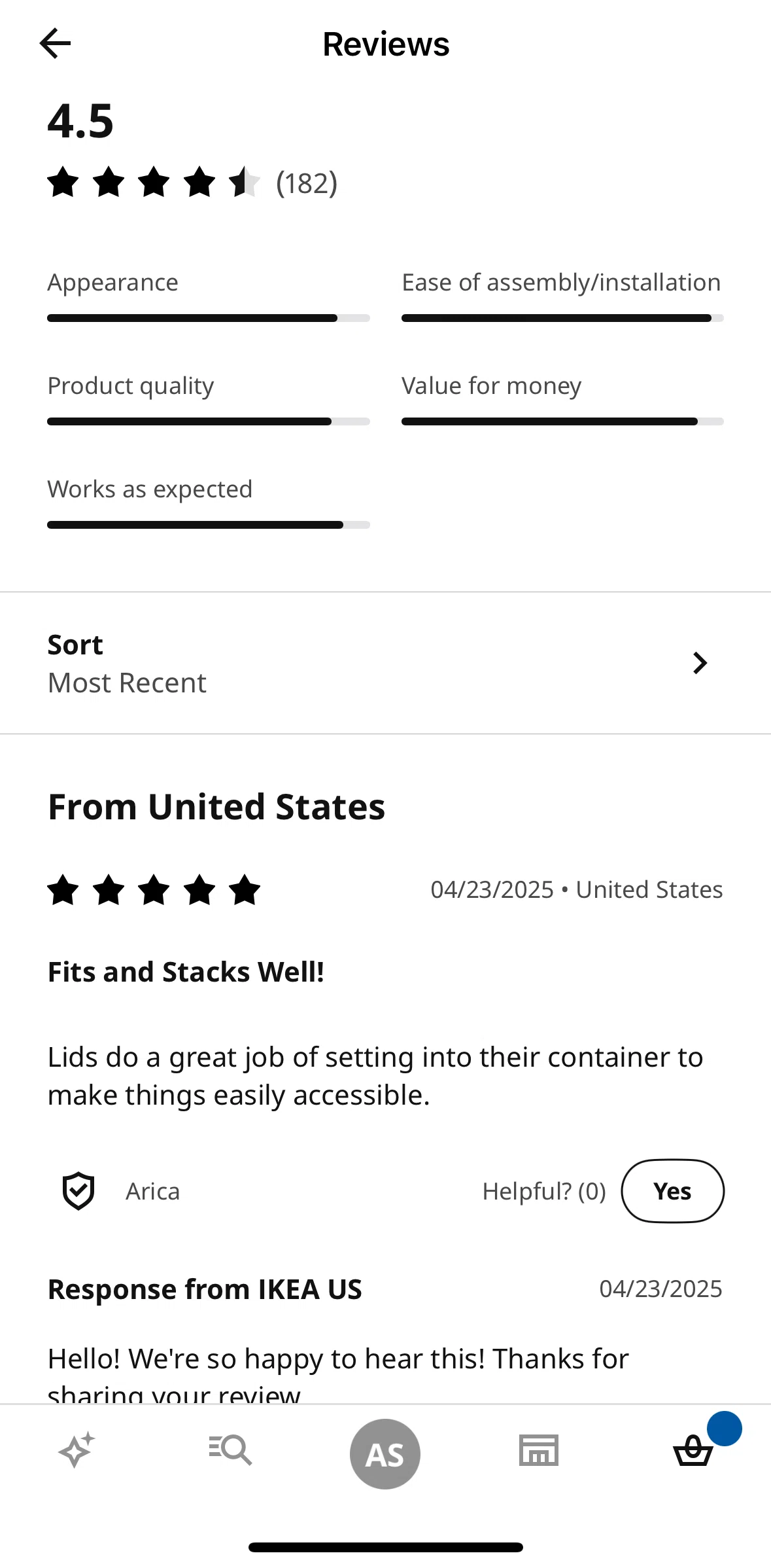 Ikea Screen screen in the Sorting reviews flow