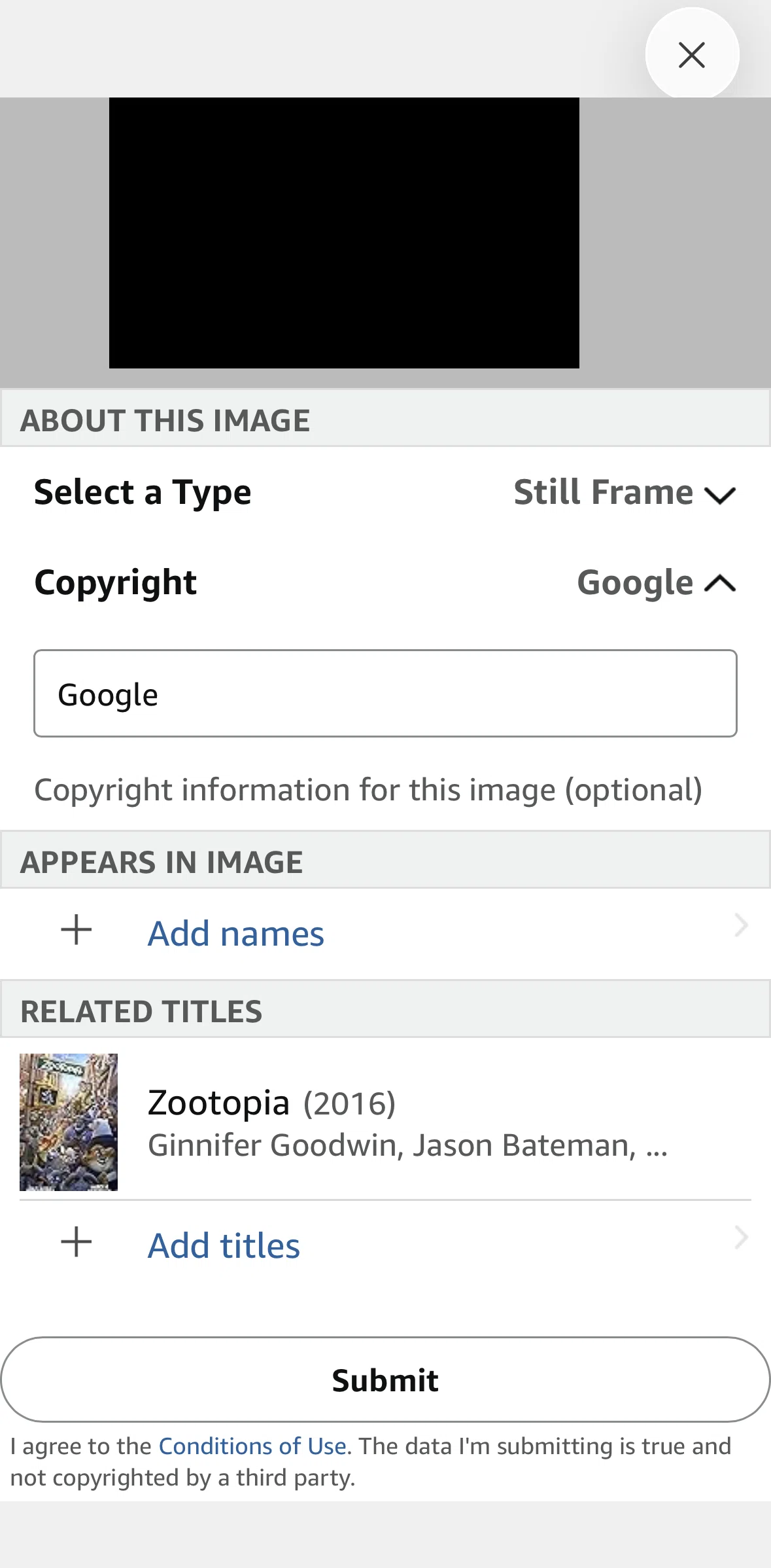 IMDb Screen screen in the Adding name tags flow