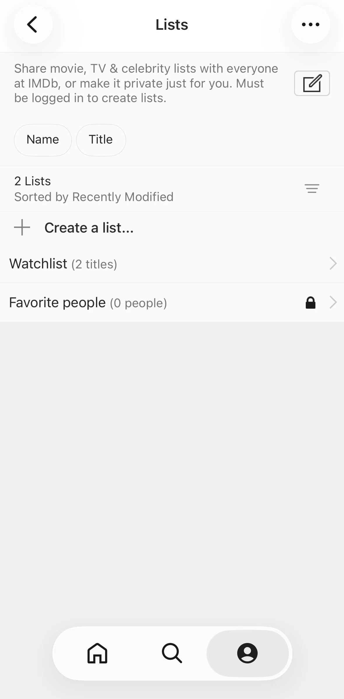 IMDb Screen screen in the Creating a list flow
