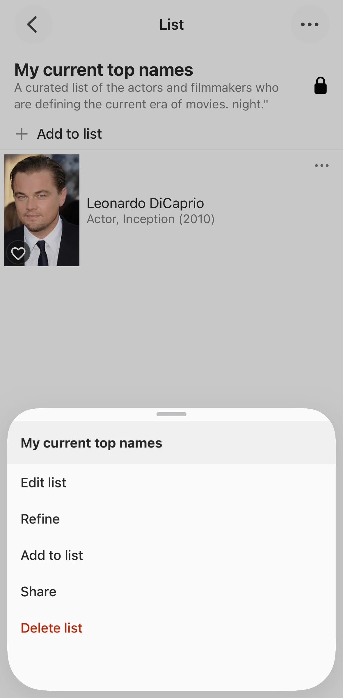 IMDb Screen screen in the Deleting a list flow