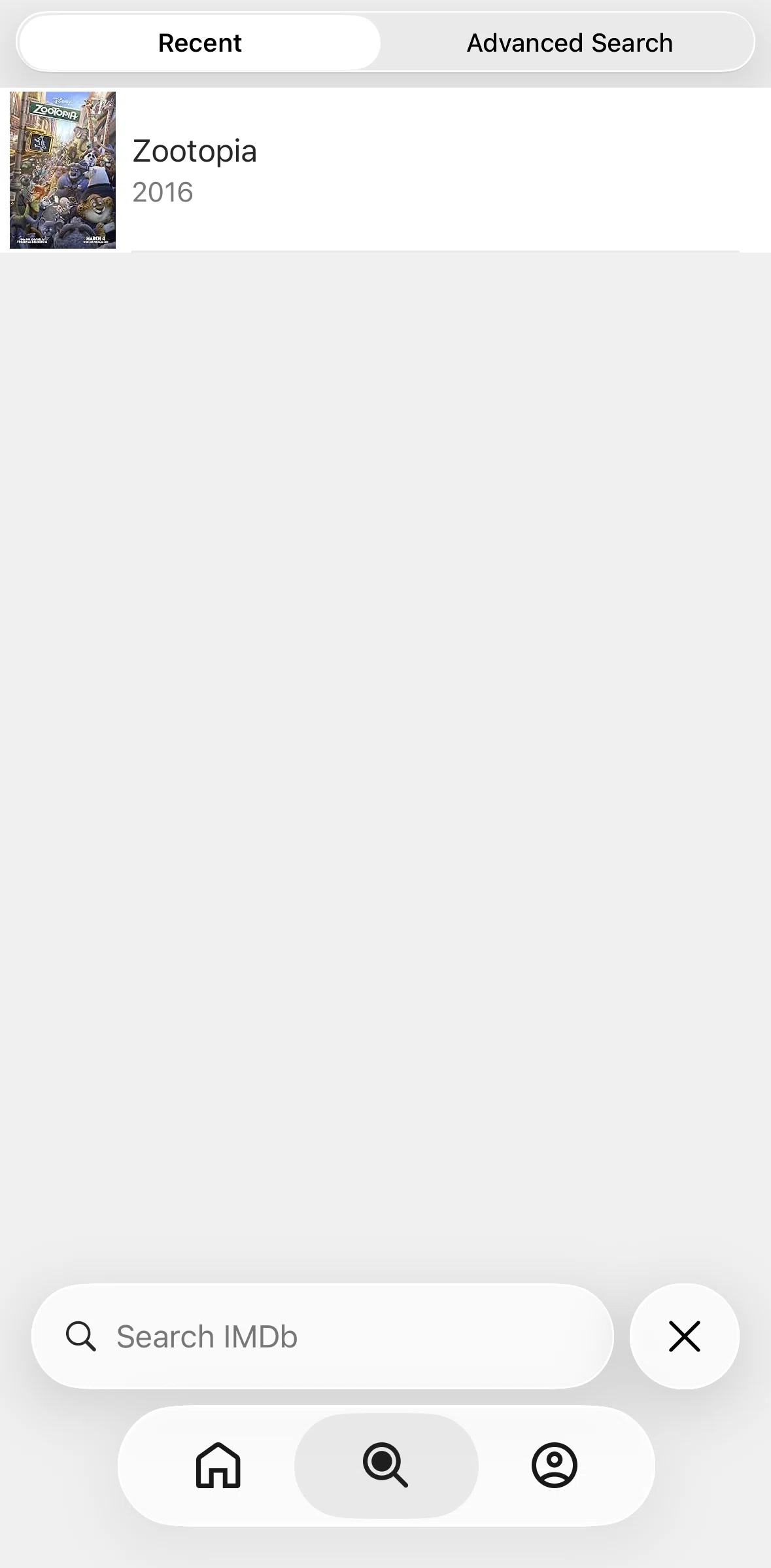 IMDb Screen screen in the Deleting search history flow
