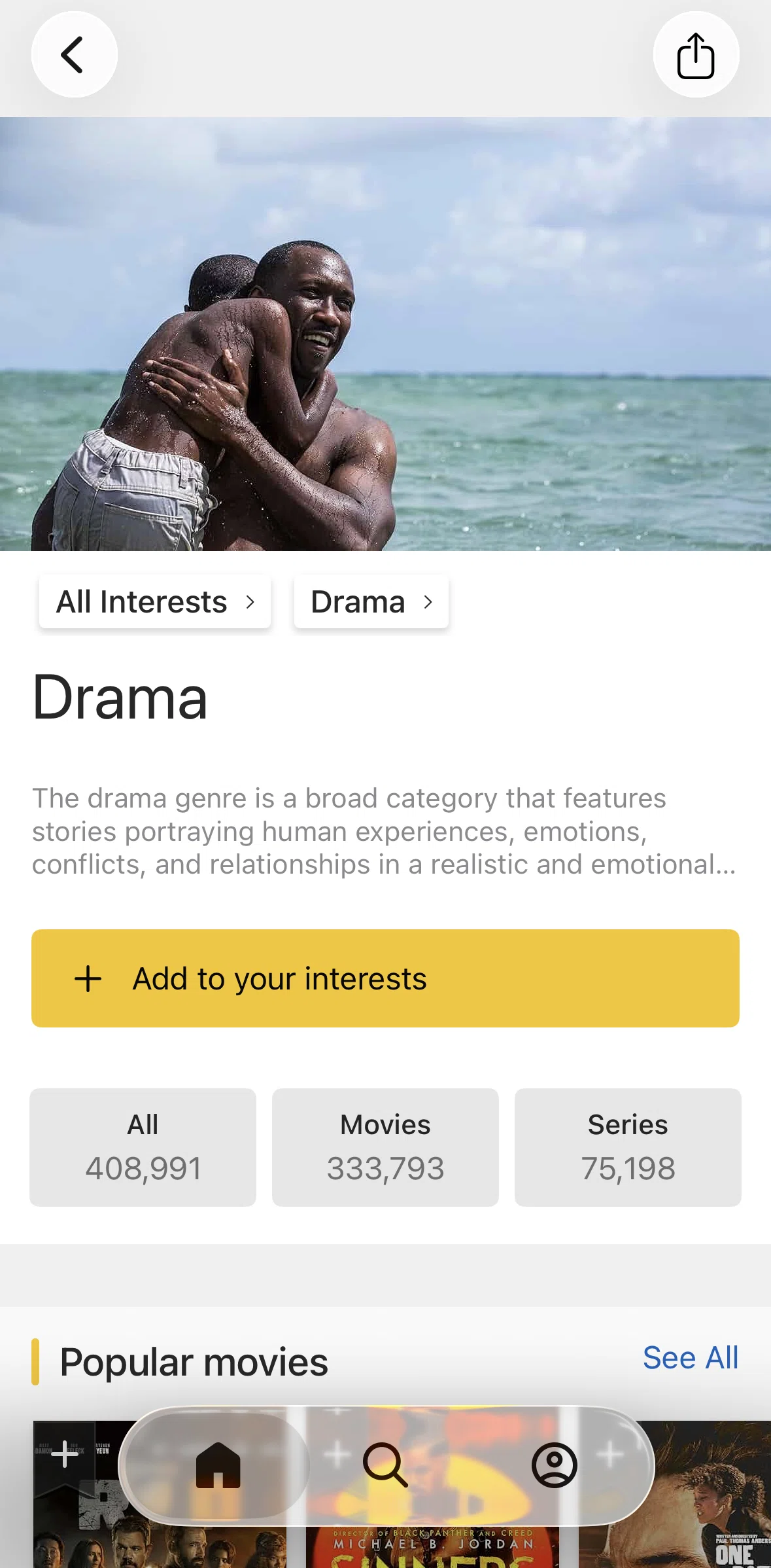 IMDb Screen screen in the Saving a genre to interests flow