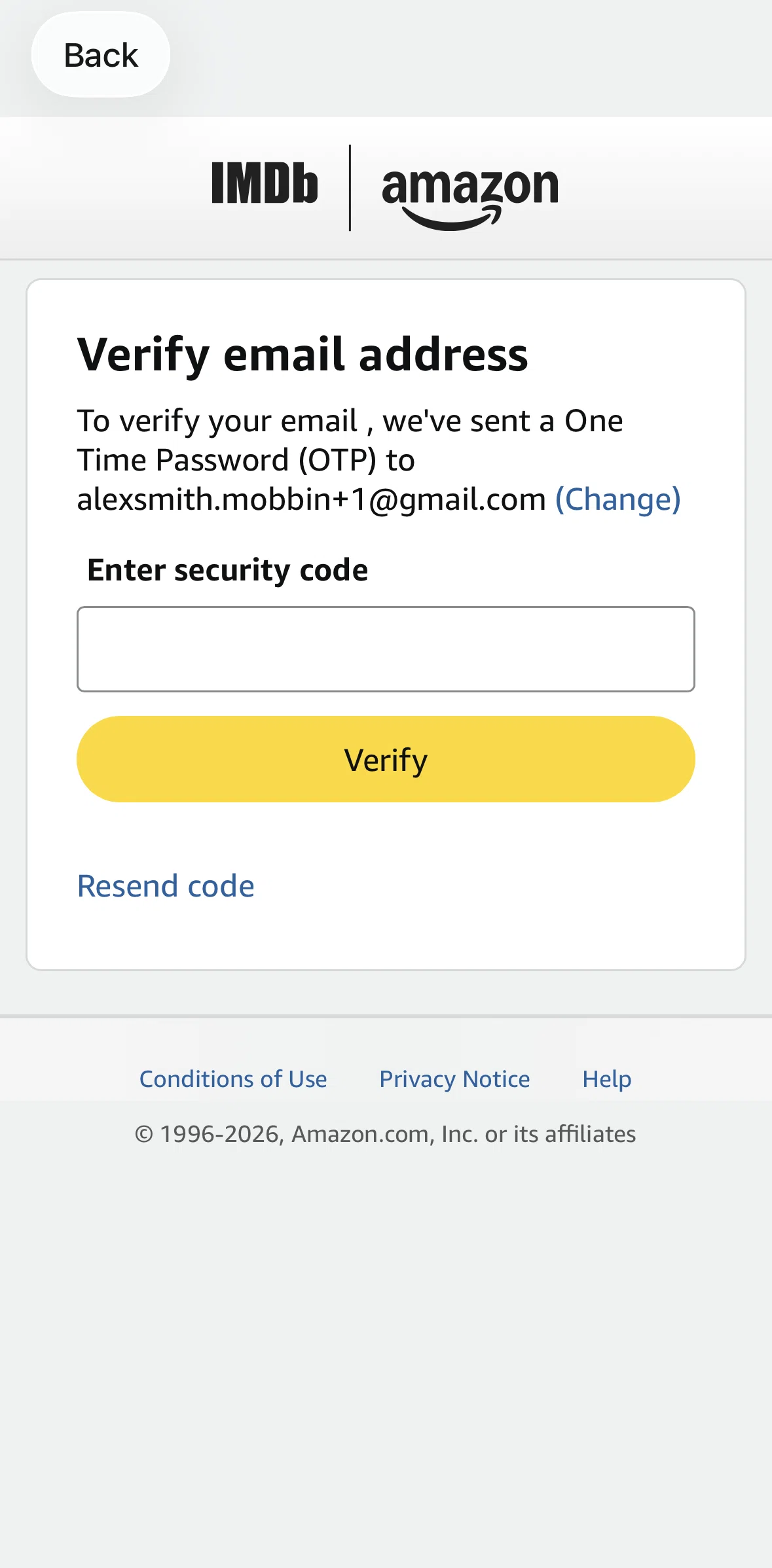 IMDb Screen screen in the Verifying account flow