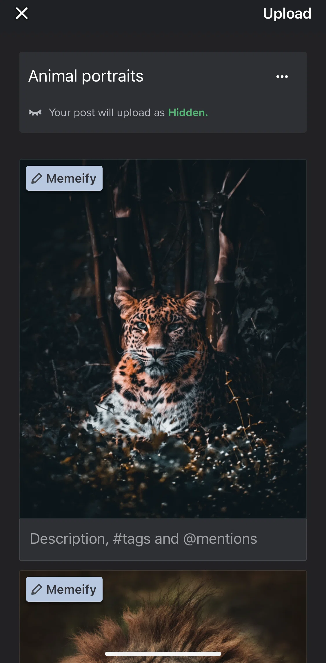 Imgur Screen screen in the Creating a hidden post flow