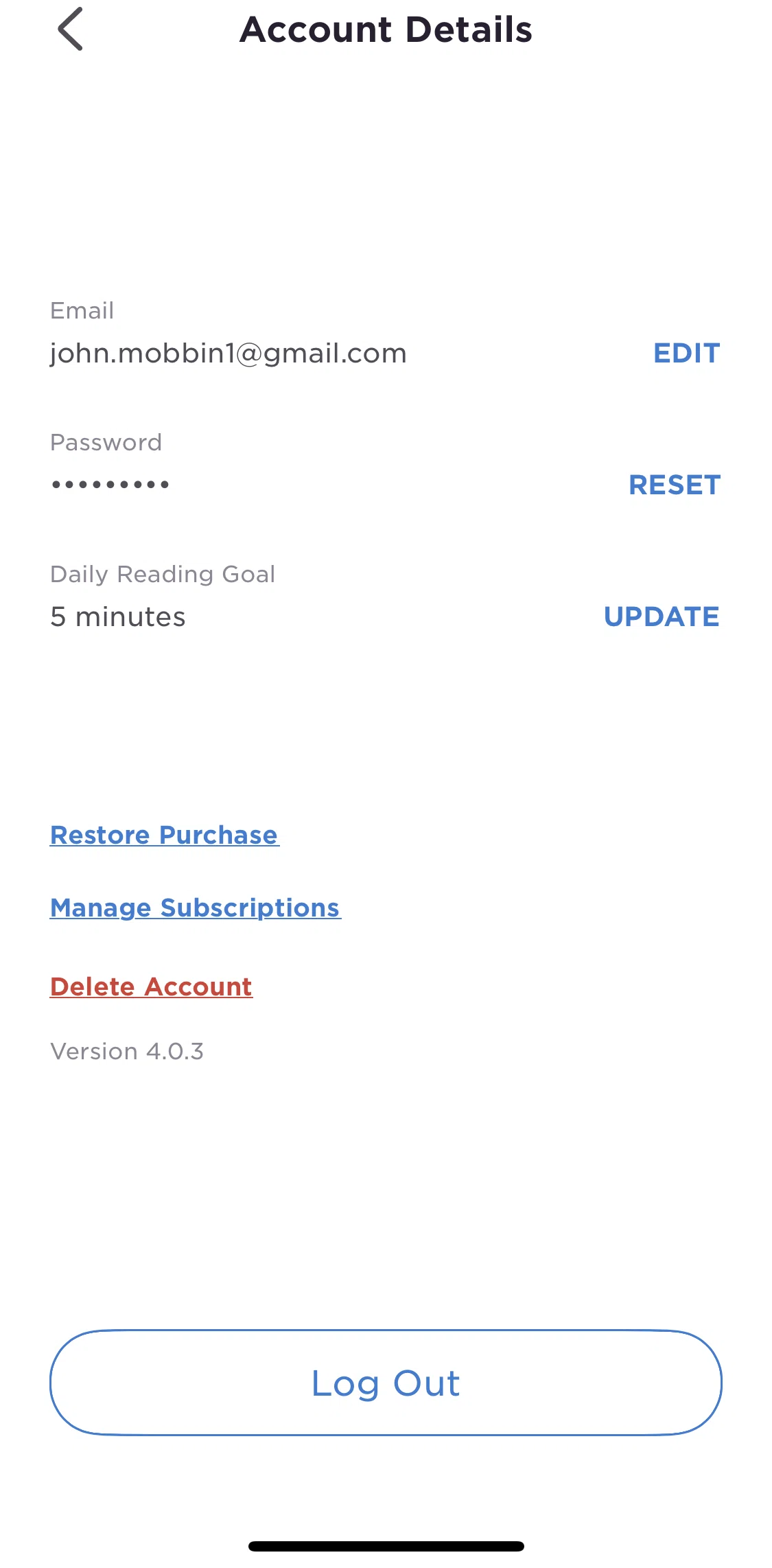 Imprint Screen screen in the Manage subscription flow