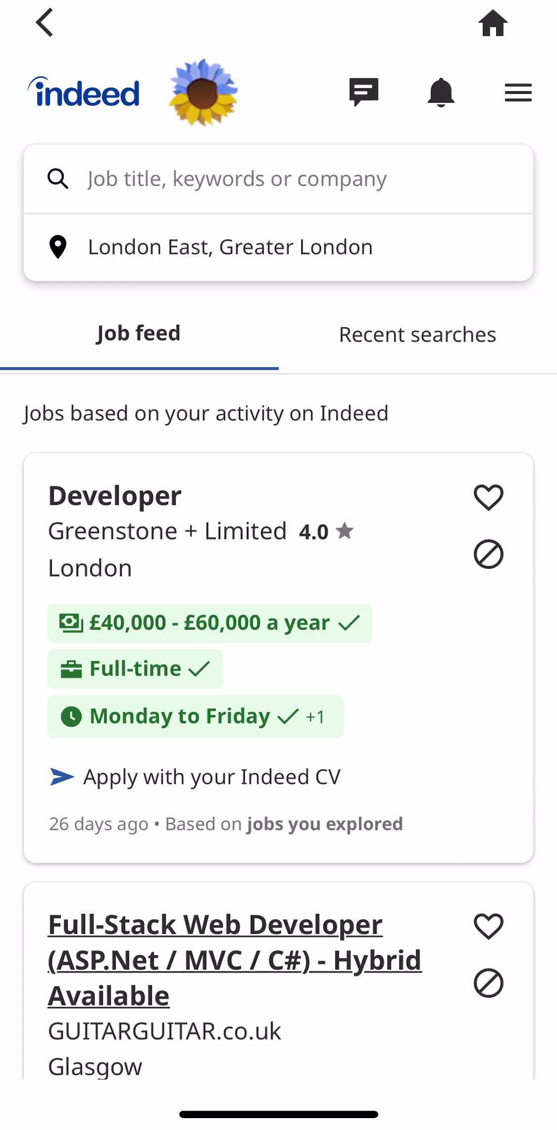 Indeed Home screen in the Applying As A Candidate flow