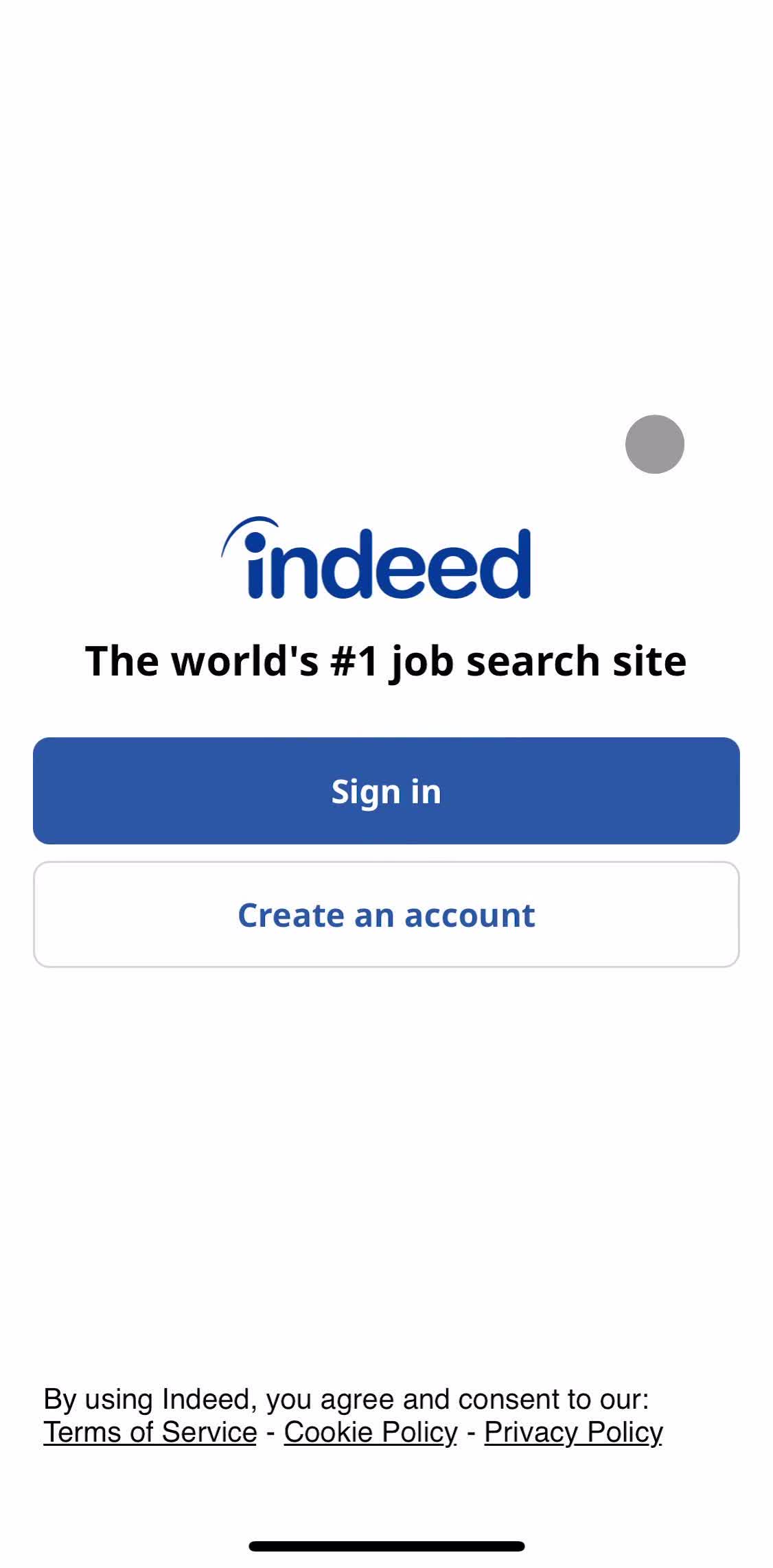 Indeed Start screen screen in the Onboarding flow