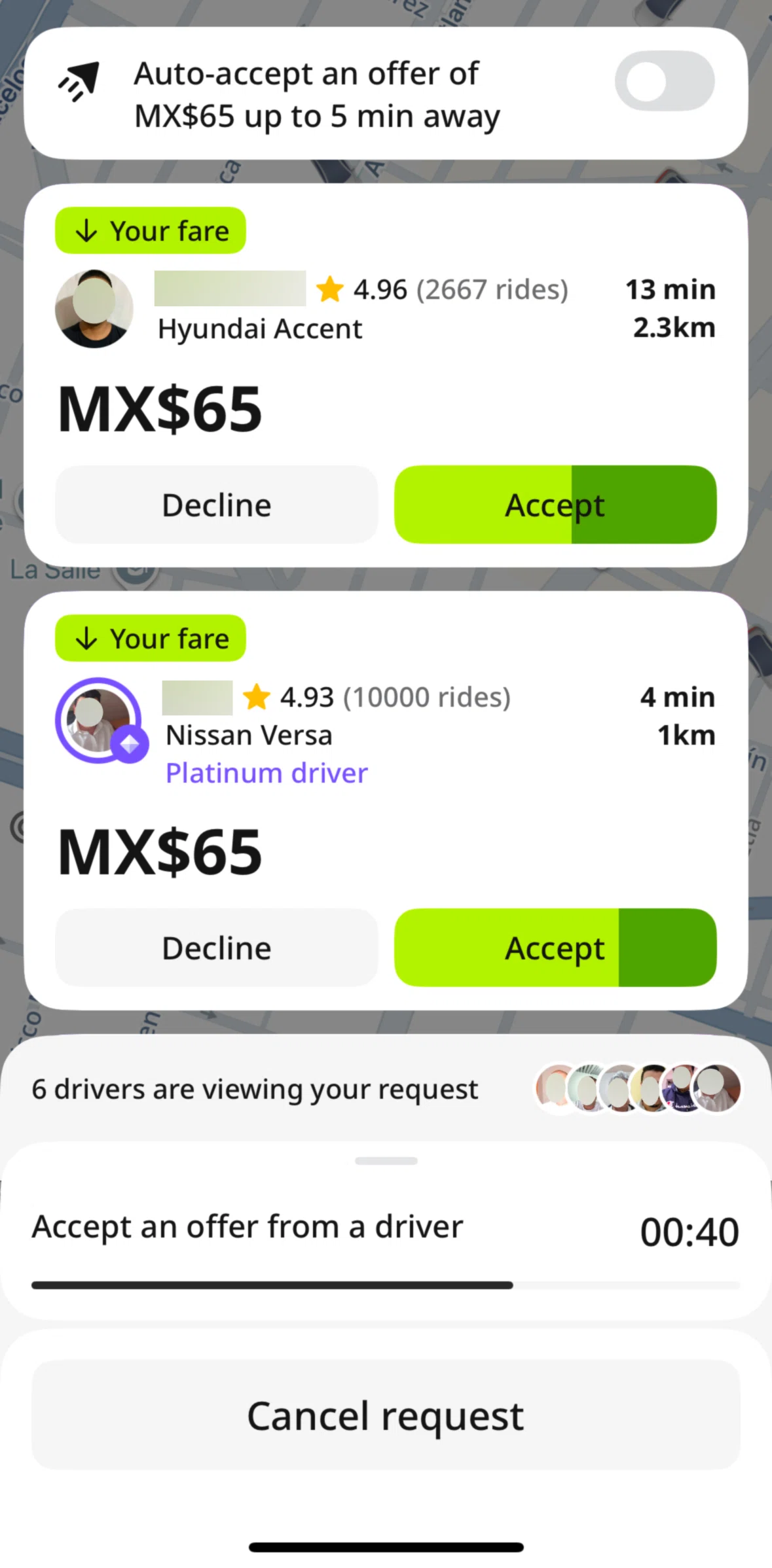 inDrive Screen screen in the Accept a ride (platinum) flow