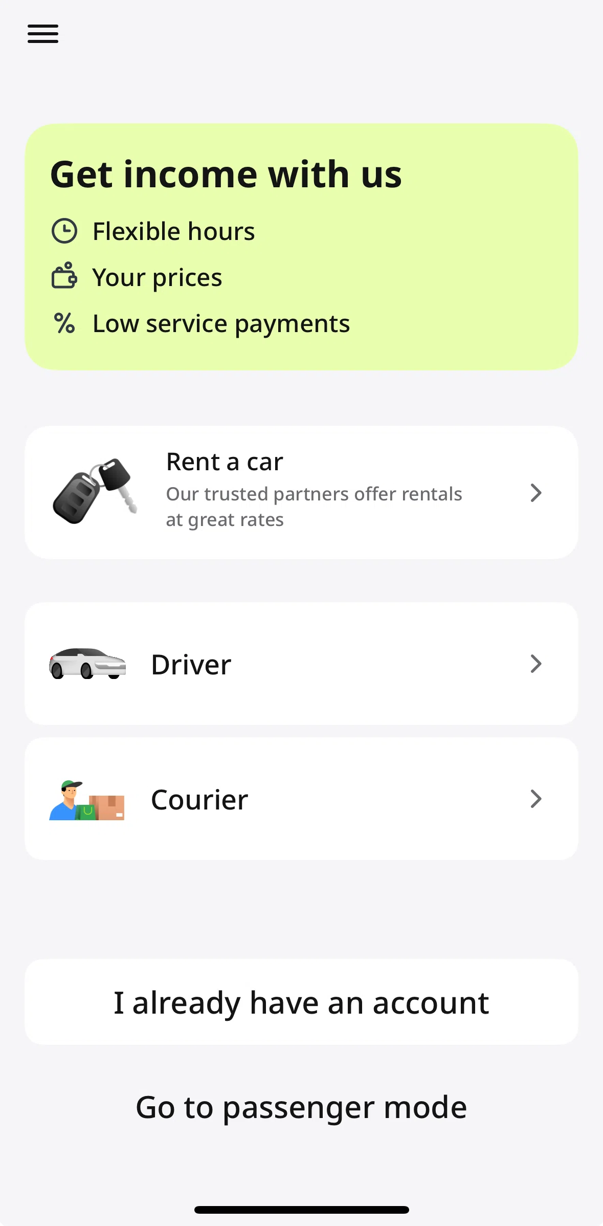 inDrive Screen screen in the Rent a car flow