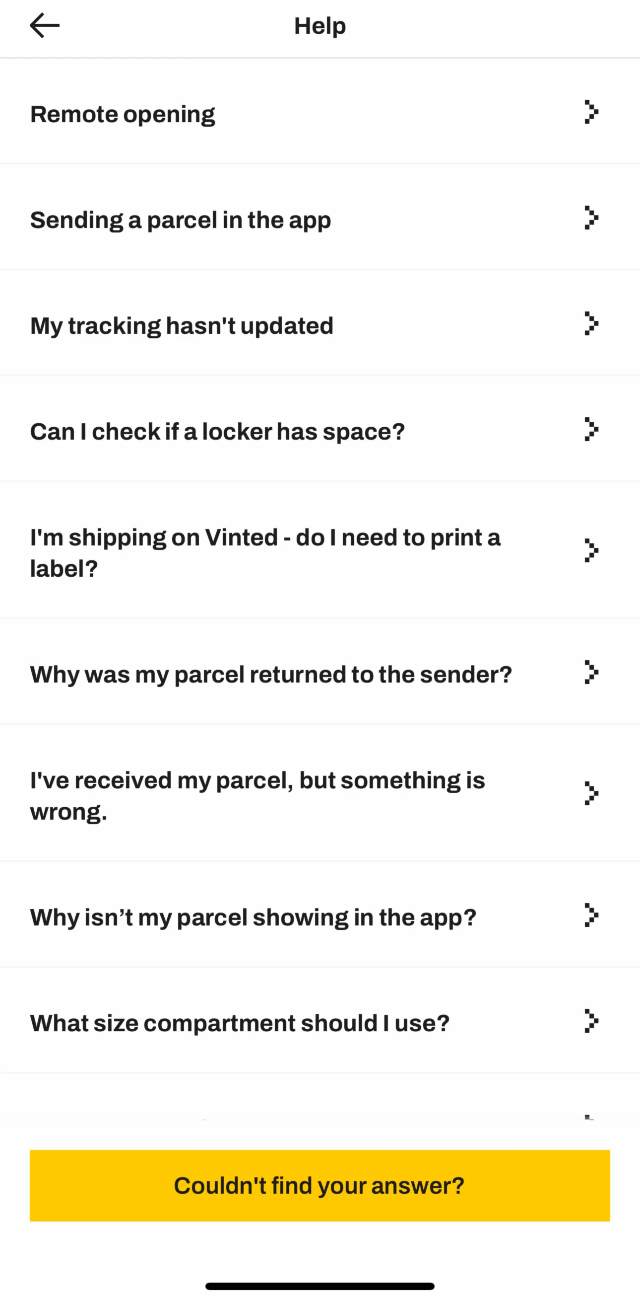 InPost UK Screen screen in the Chatting with a virtual assistant flow