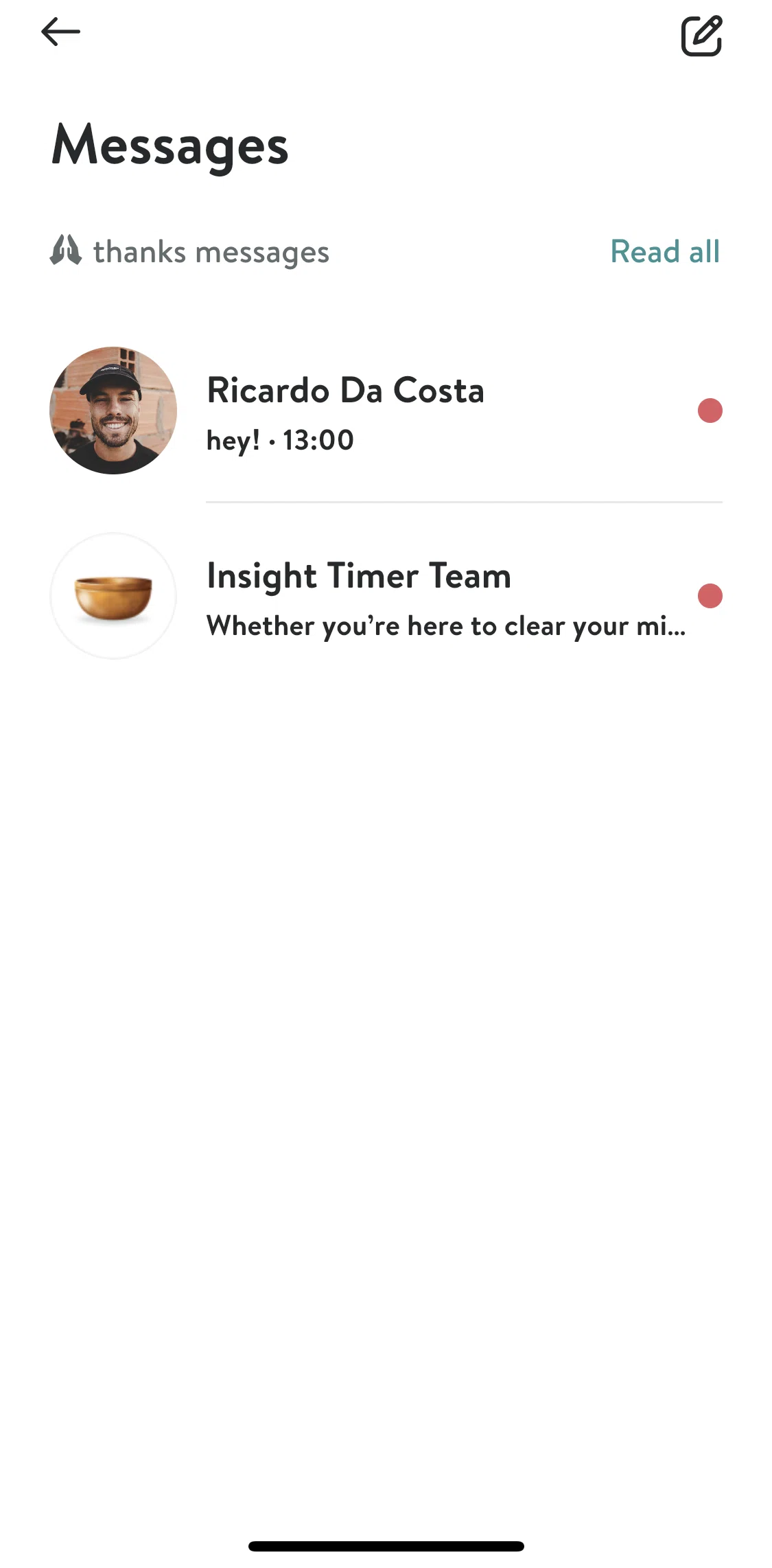 Insight Timer Screen screen in the Messages flow
