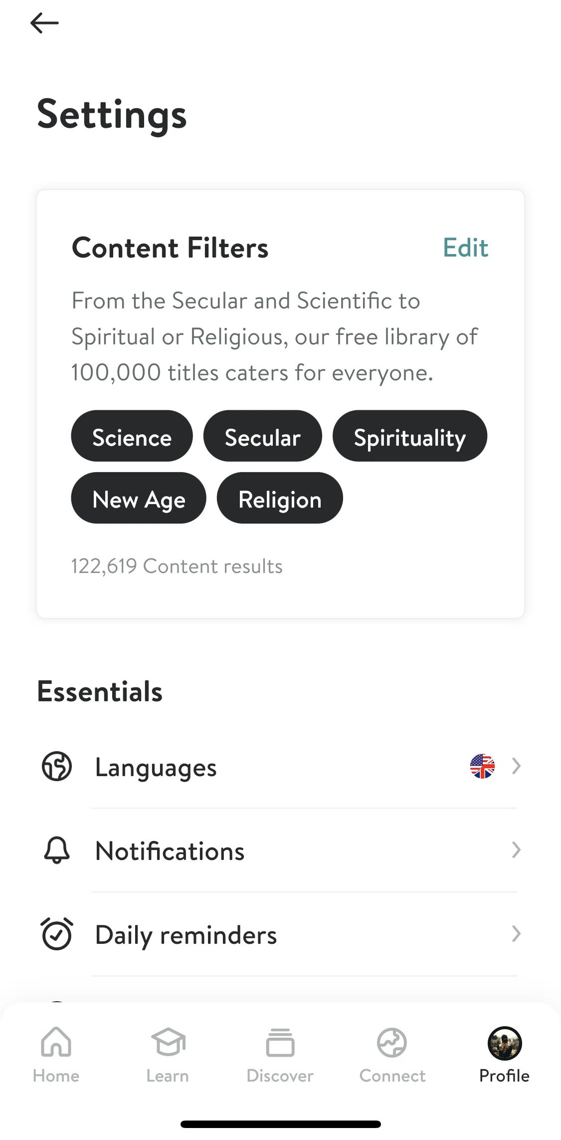 Insight Timer Screen screen in the Settings flow