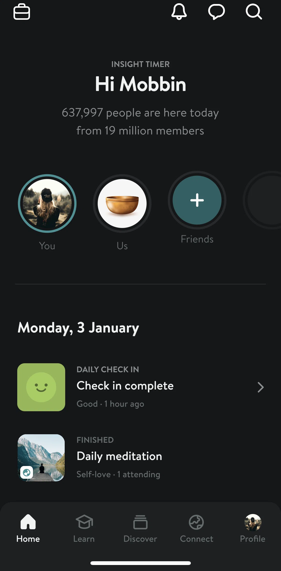 Insight Timer Screen screen in the Switching to dark mode flow