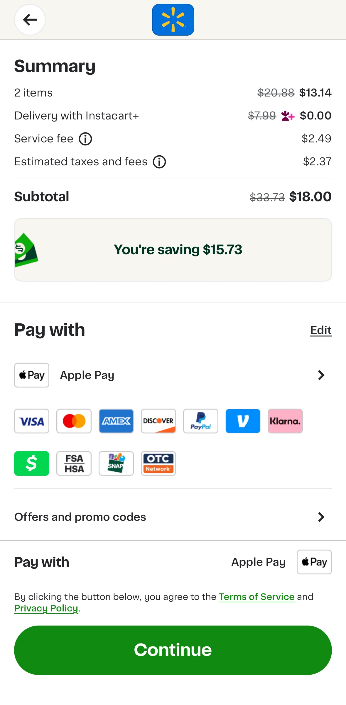 Instacart Screen screen in the Adding a payment method flow