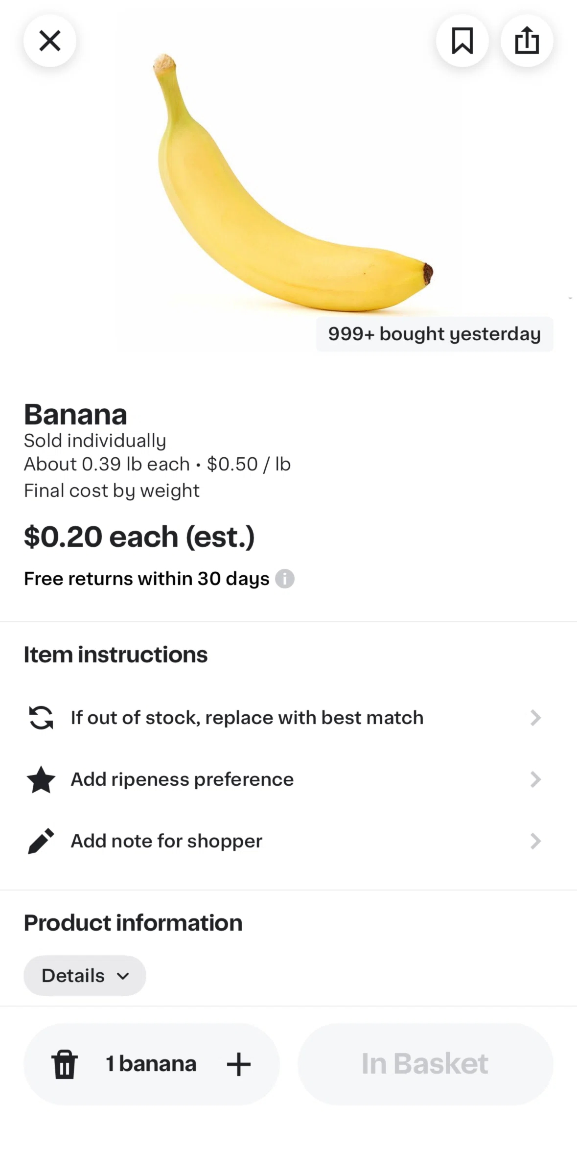 Instacart Screen screen in the Adding a ripeness preference flow
