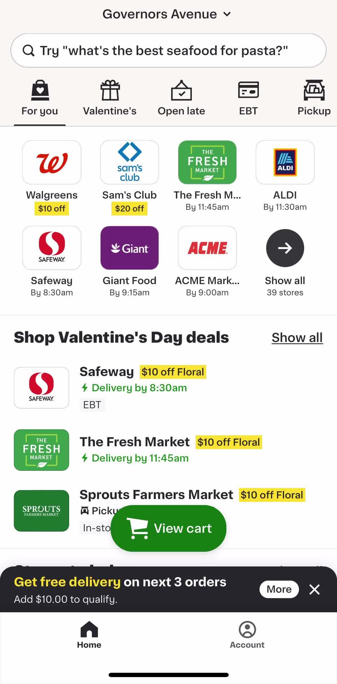 Instacart Home screen in the Adding Payment Details flow