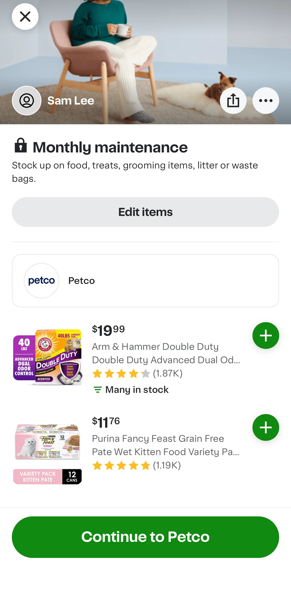Instacart Screen screen in the Adding products to list flow