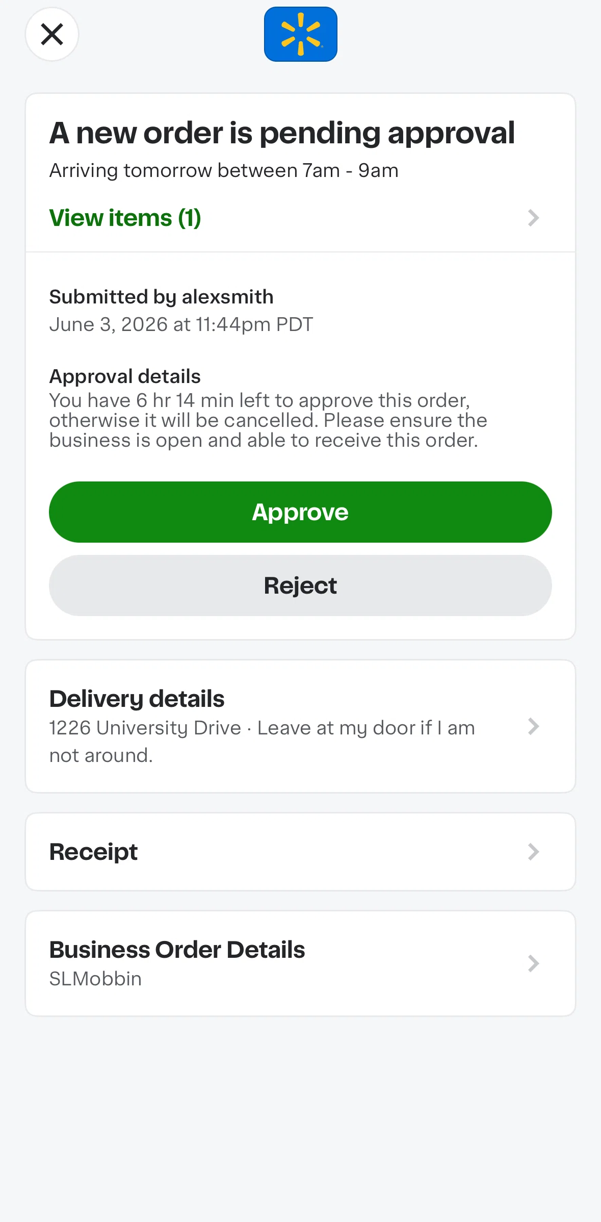 Instacart Screen screen in the Approving an order request flow