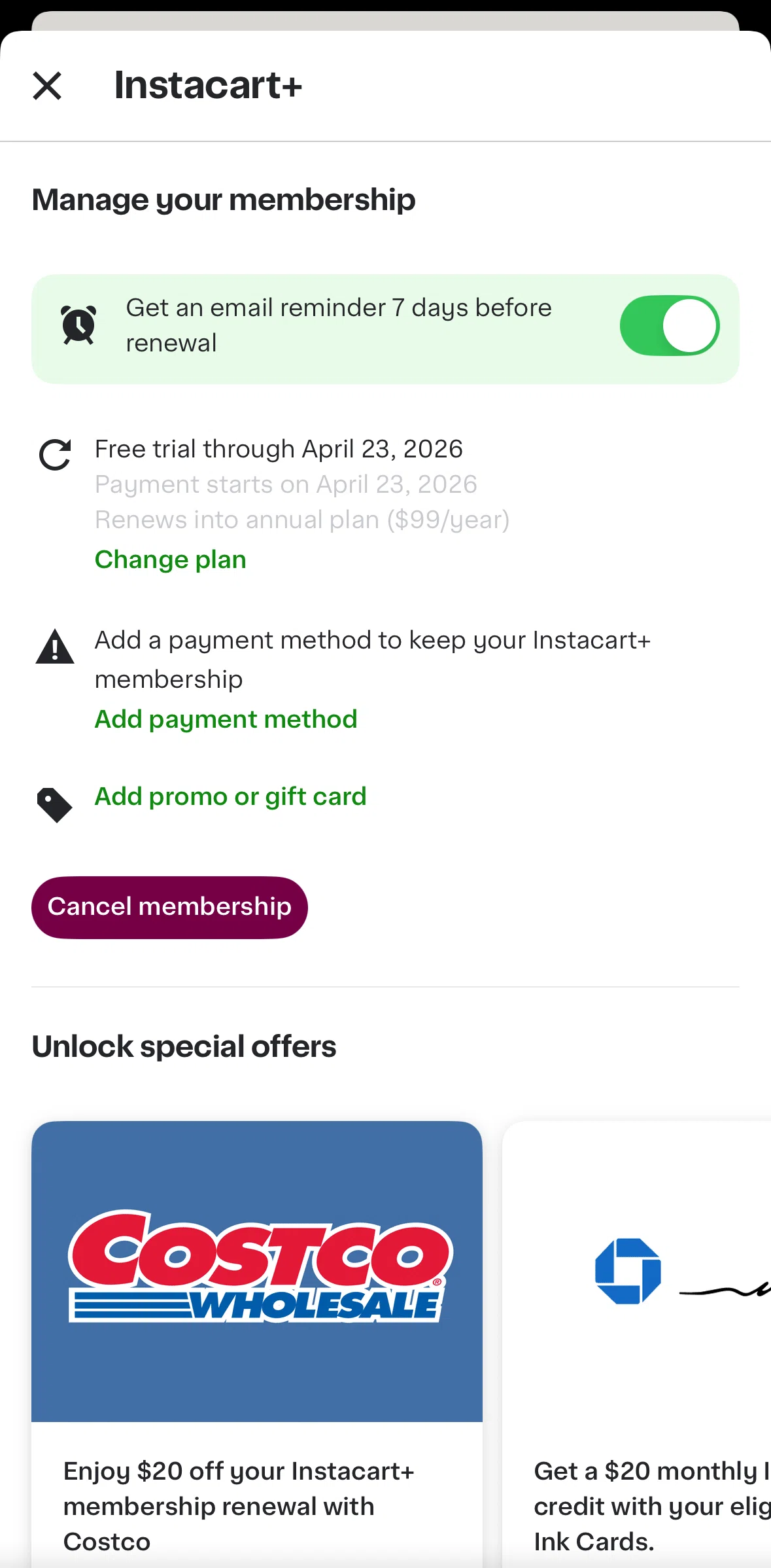 Instacart Screen screen in the Canceling a subscription flow