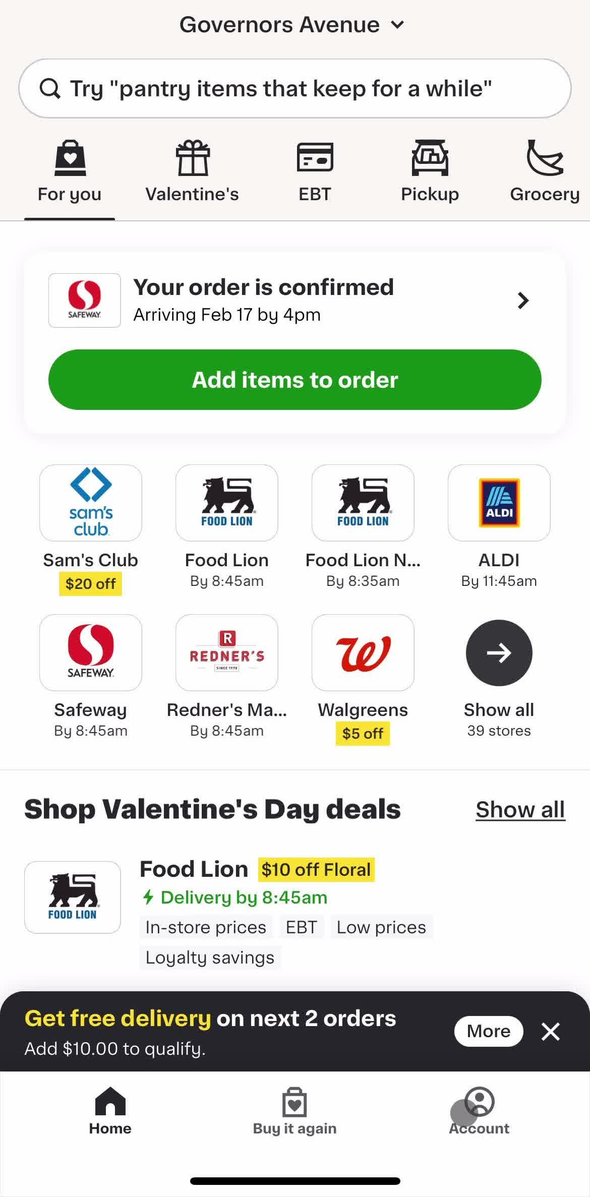 Instacart Home screen in the Cancelling An Order flow