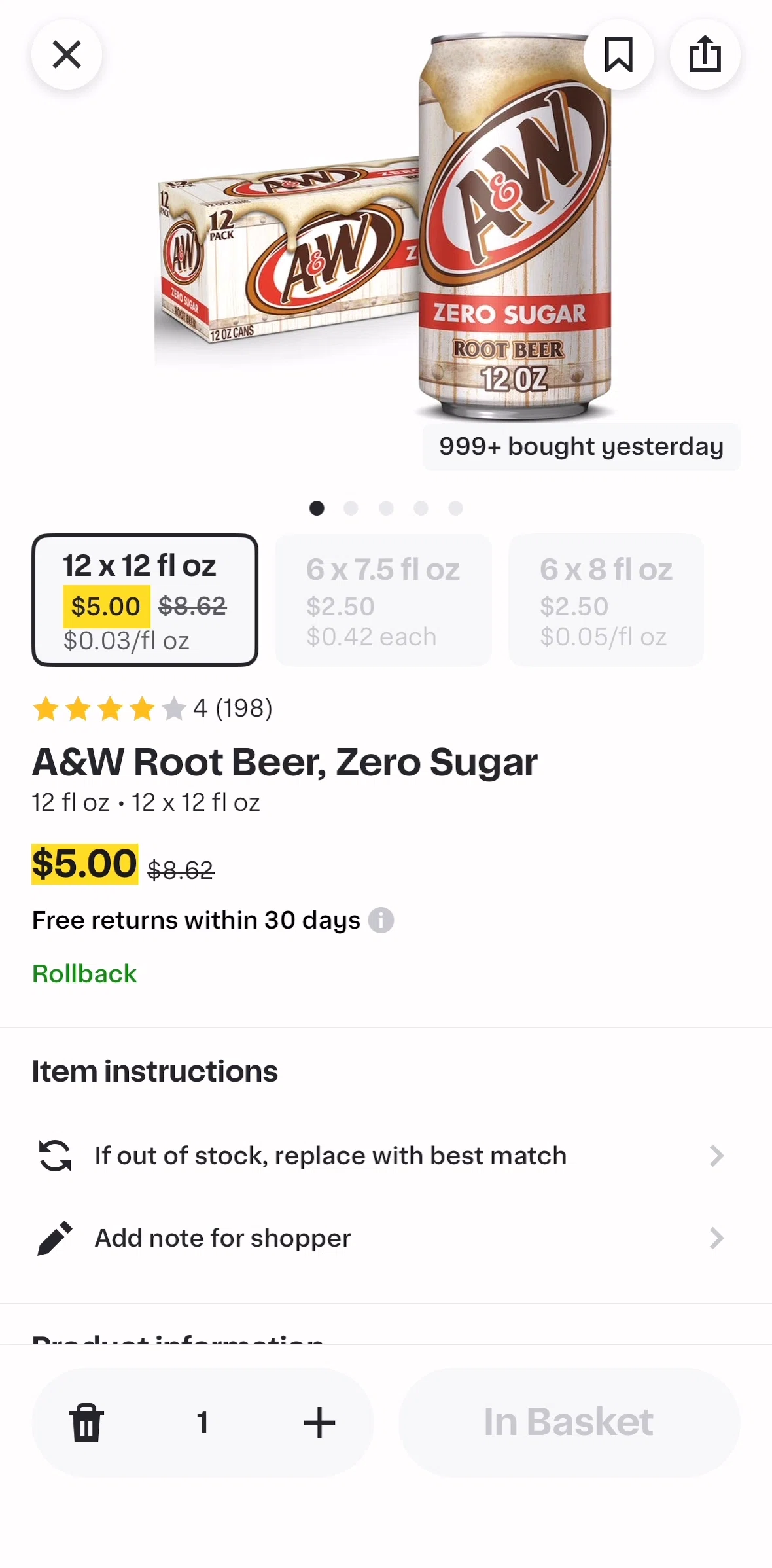 Instacart Screen screen in the Changing replacement options flow