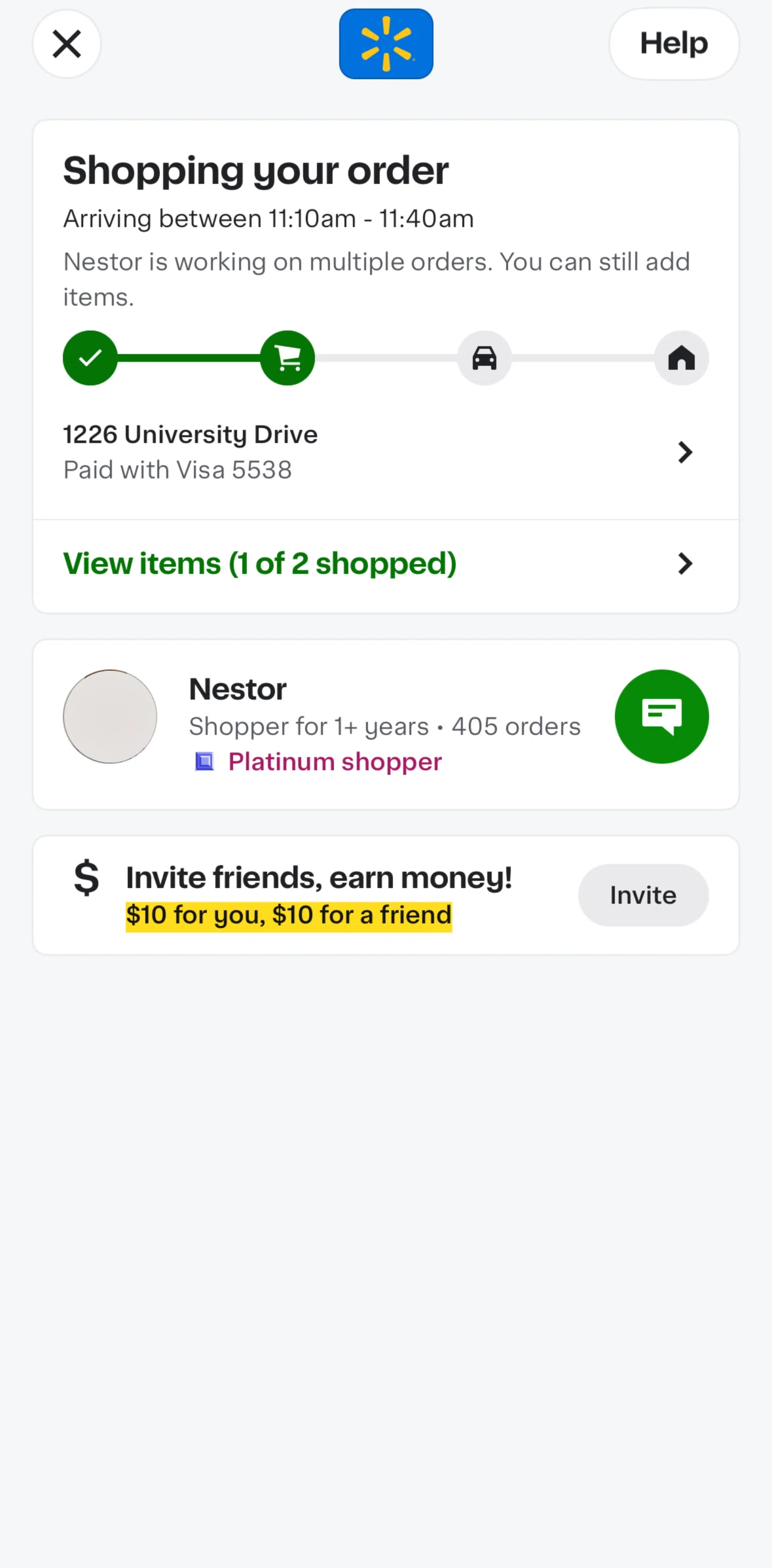 Instacart Screen screen in the Chatting with a shopper flow