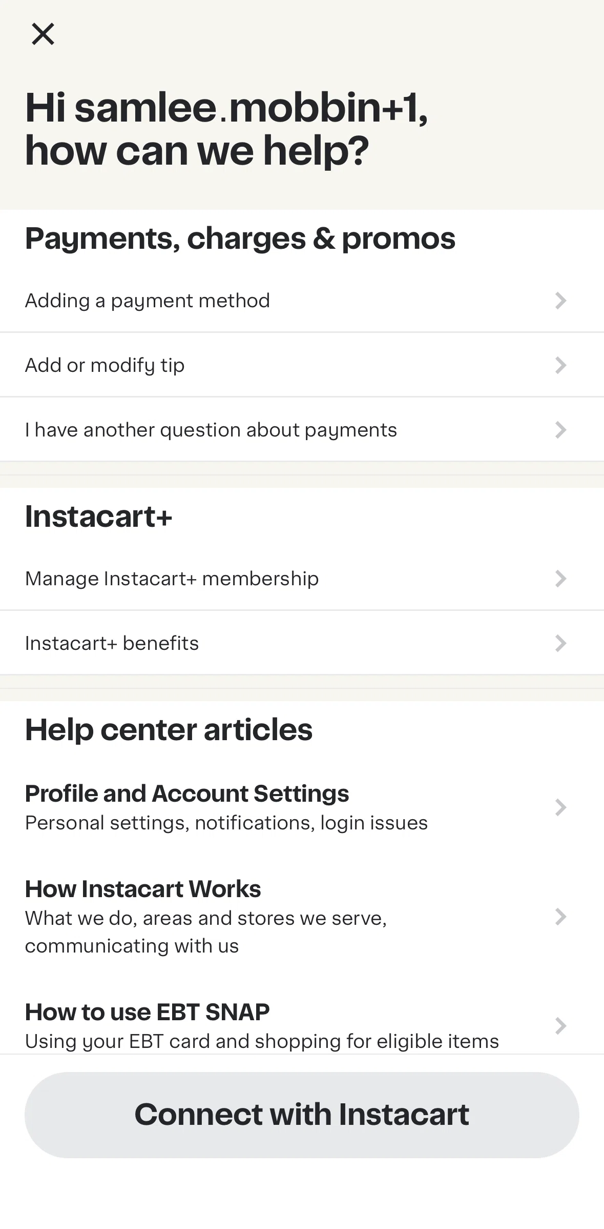Instacart Screen screen in the Chatting with a virtual assistant flow
