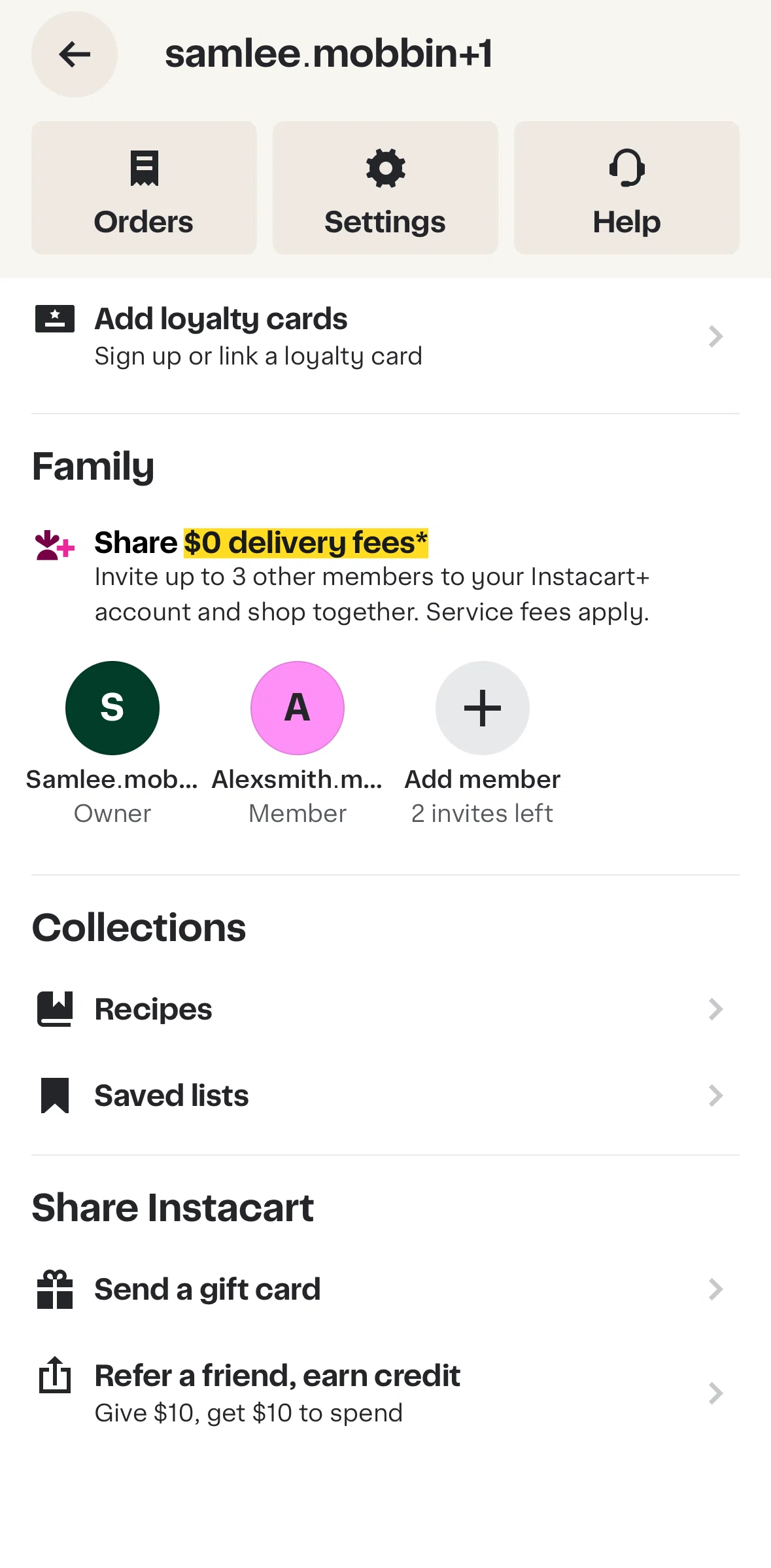 Instacart Screen screen in the Copying a referral code flow