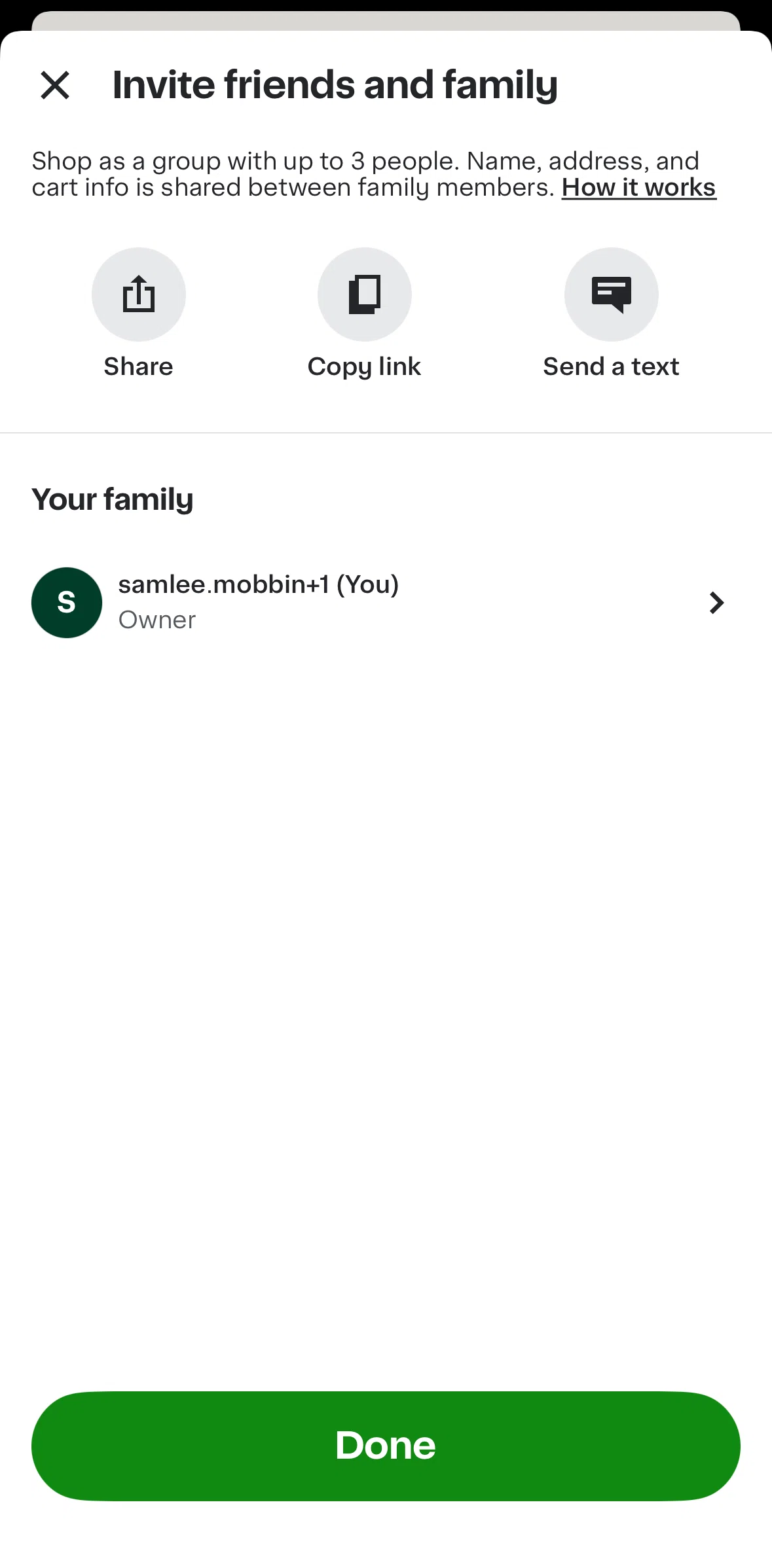 Instacart Screen screen in the Copying a share link flow