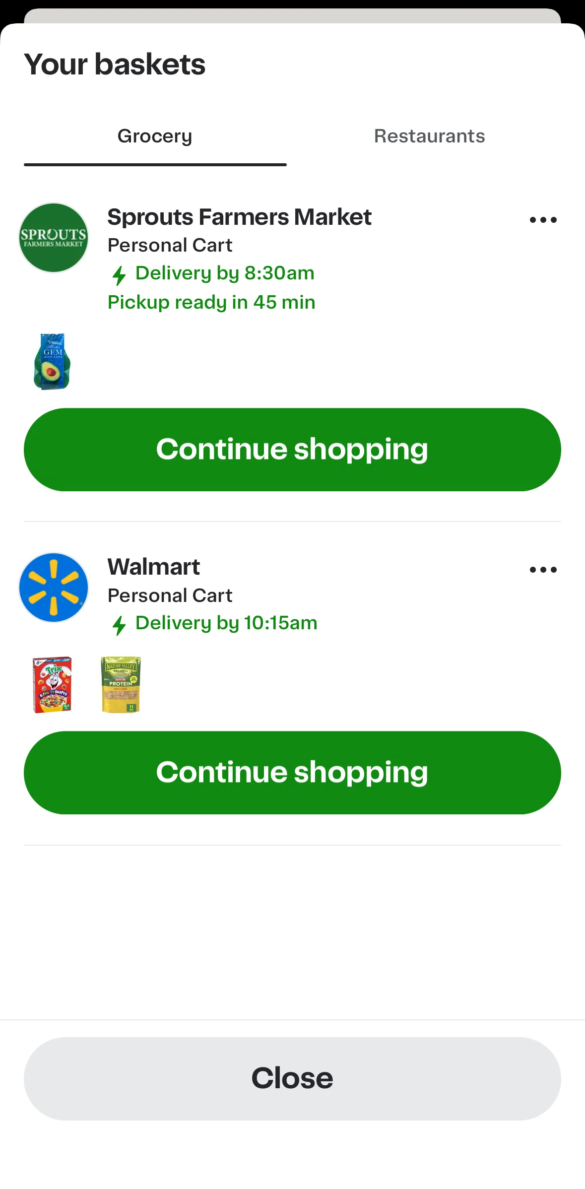 Instacart Screen screen in the Deleting a cart flow