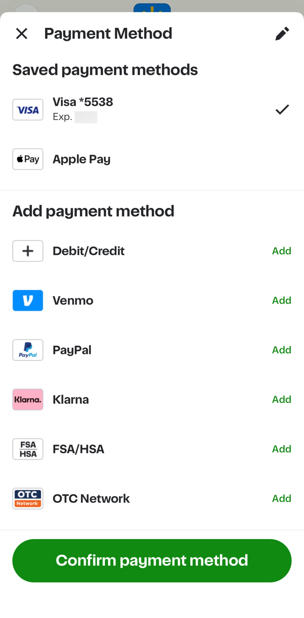Instacart Screen screen in the Deleting a payment method flow