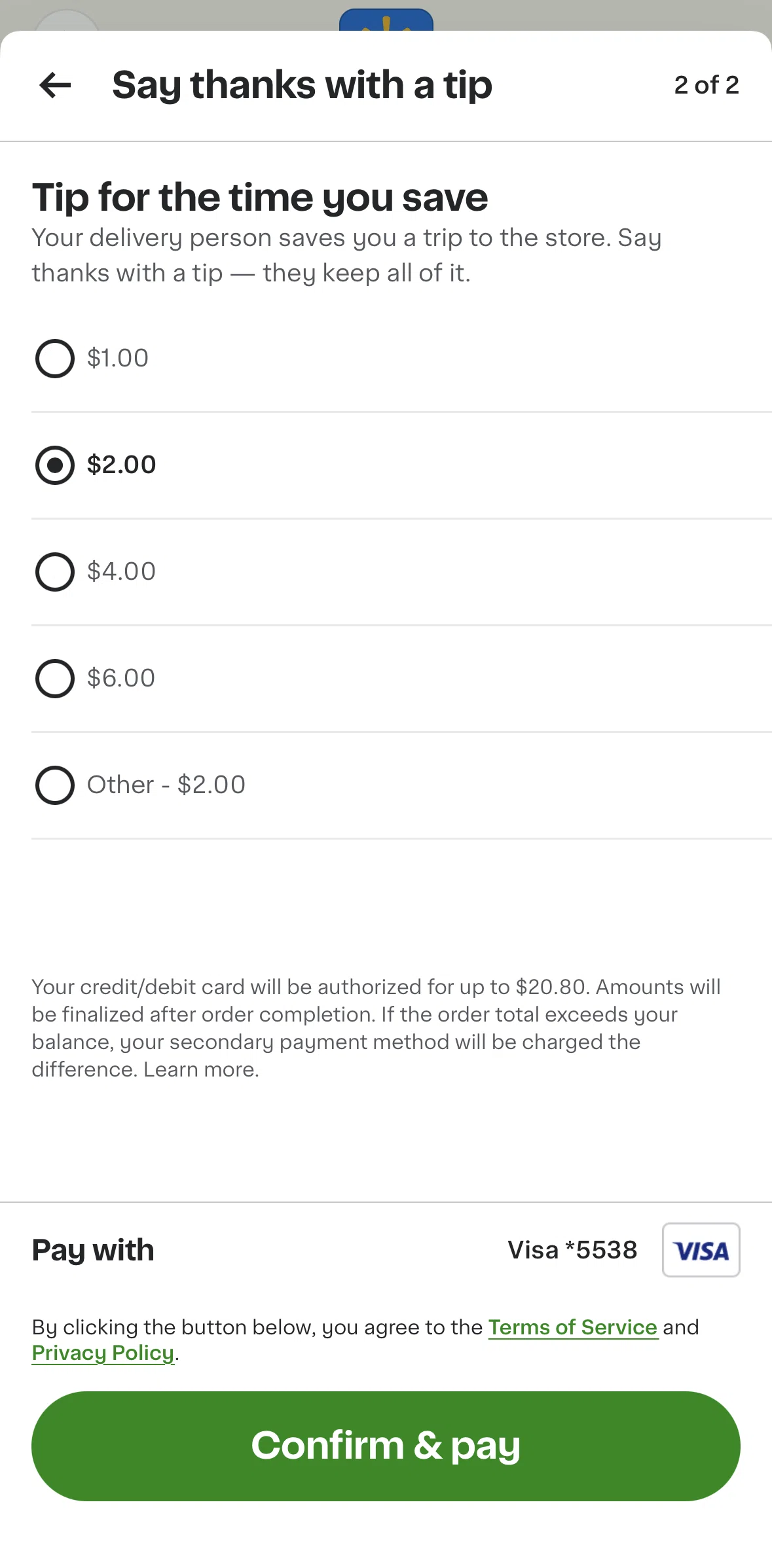 Instacart Screen screen in the Editing tip amount flow