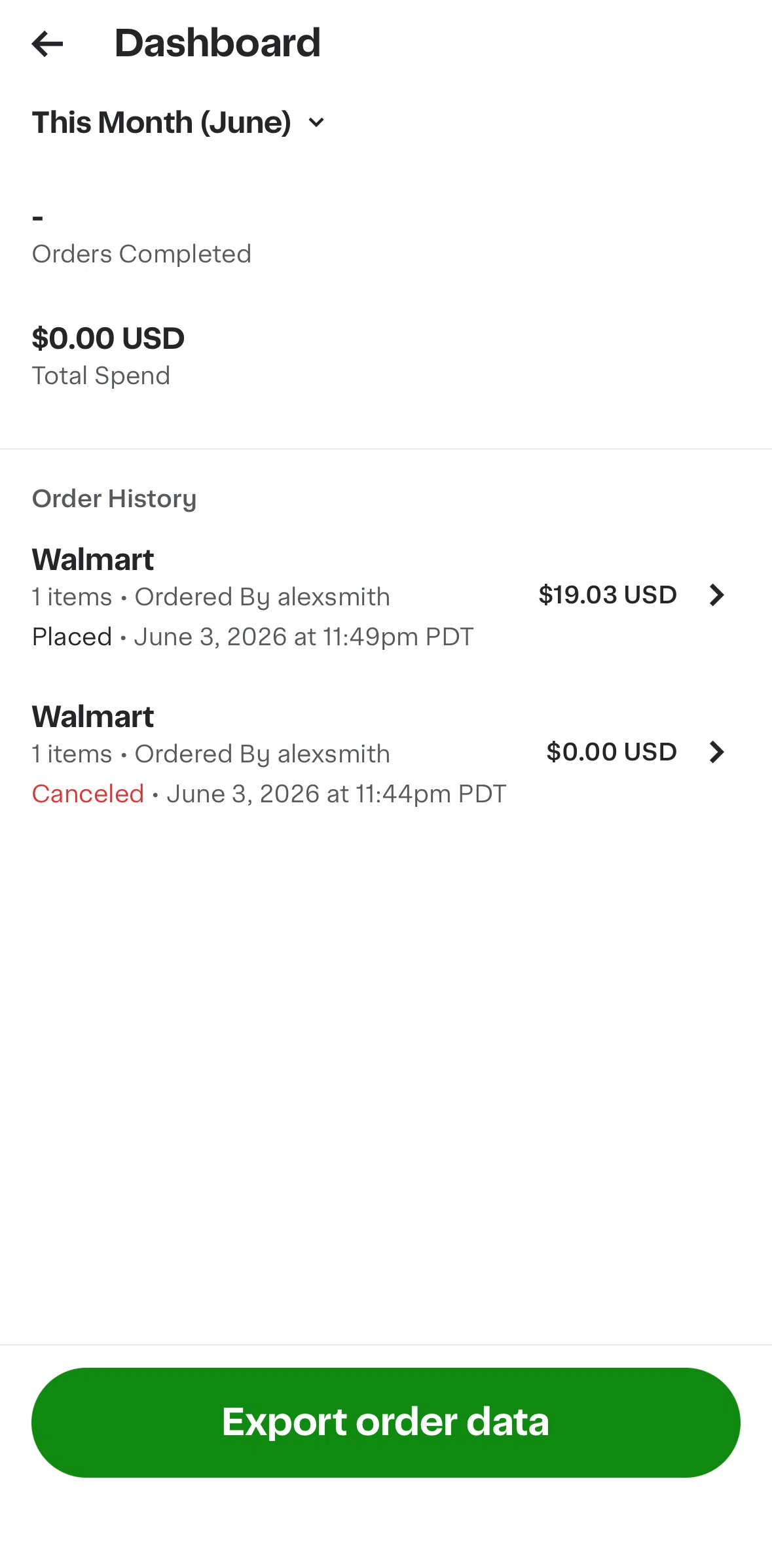 Instacart Screen screen in the Export order data flow