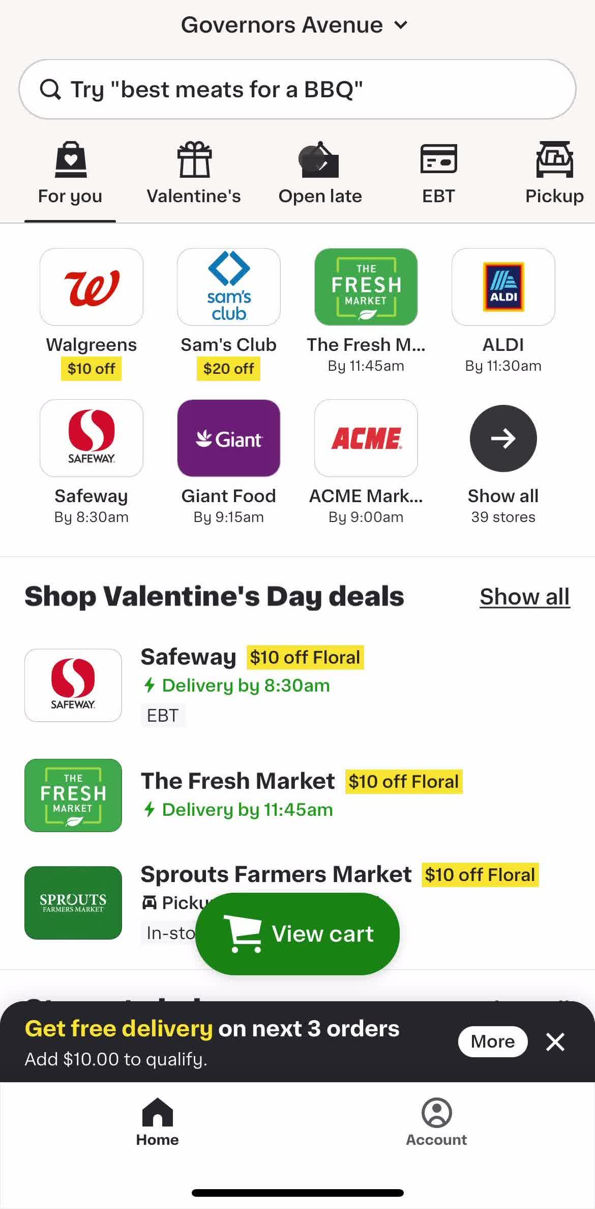 Instacart Home screen in the Filtering And Sorting flow