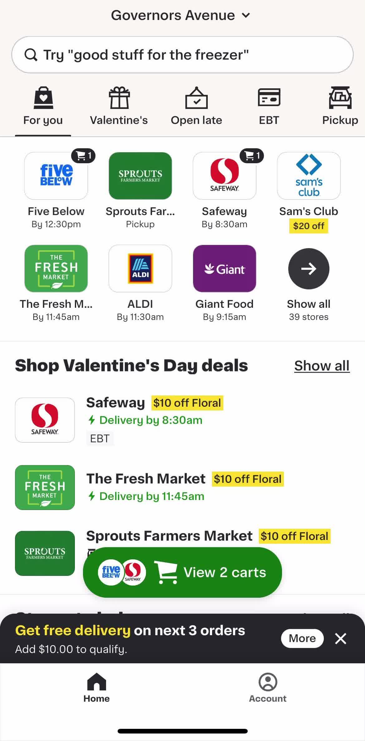 Instacart Home screen in the General Browsing flow