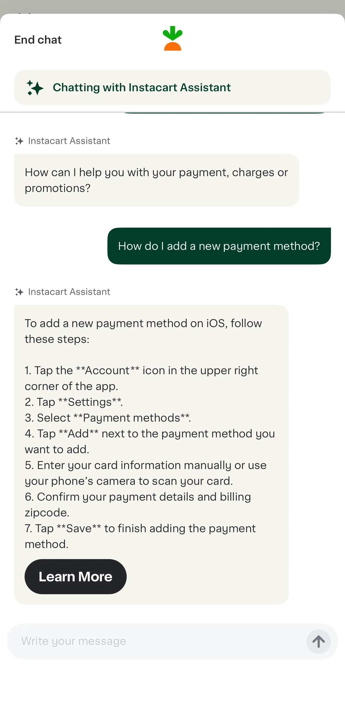 Instacart Screen screen in the Giving feedback flow
