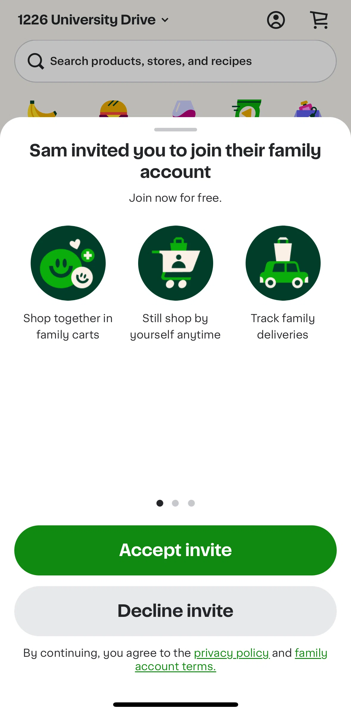 Instacart Screen screen in the Joining a family account flow