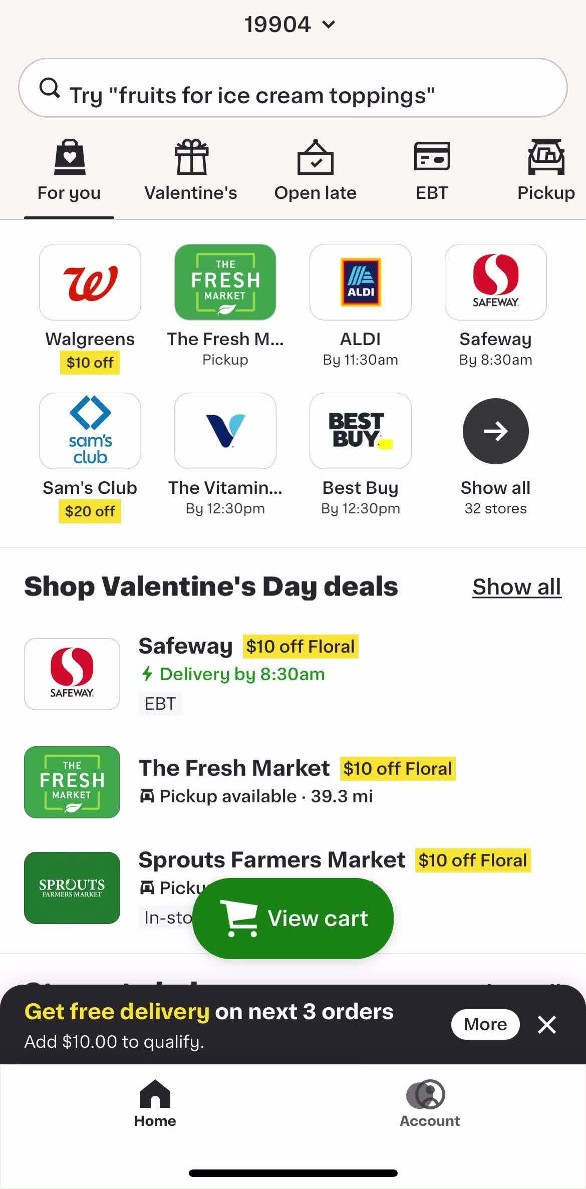 Instacart Home screen in the Logging Out flow