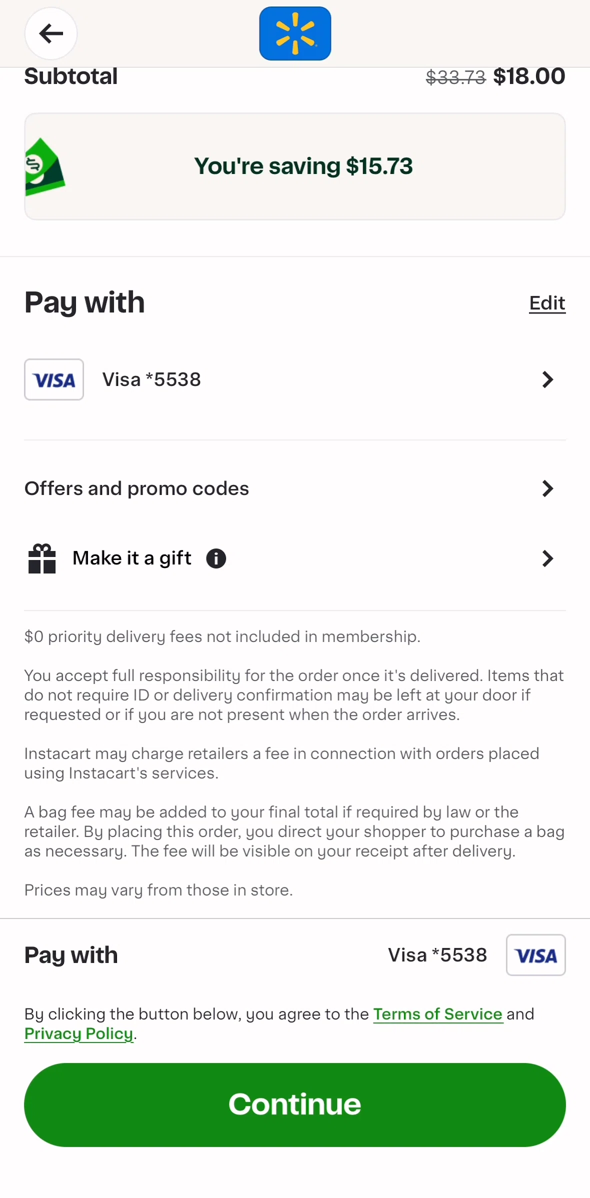Instacart Screen screen in the Making an order as a gift flow