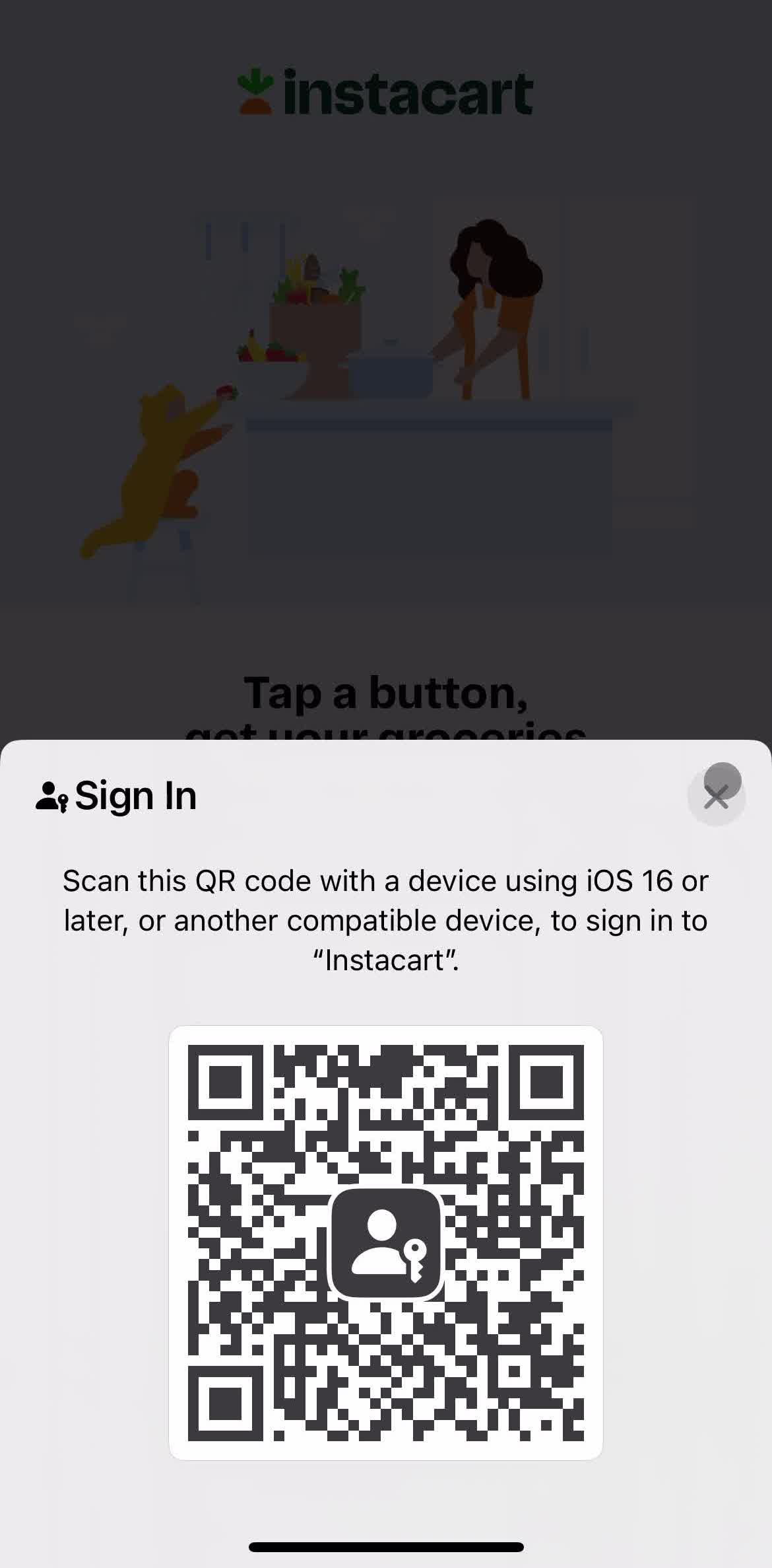 Instacart Qr code screen in the Onboarding flow