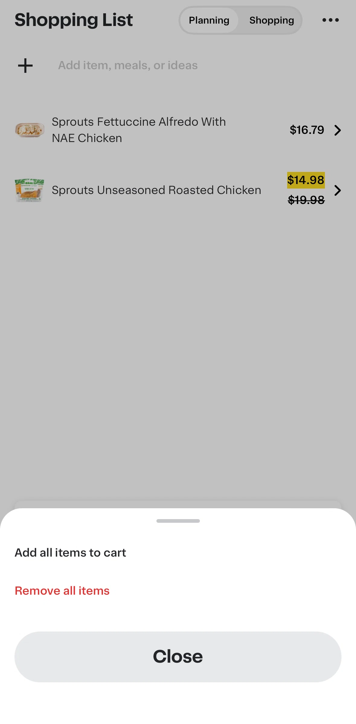 Instacart Screen screen in the Removing products from cart flow