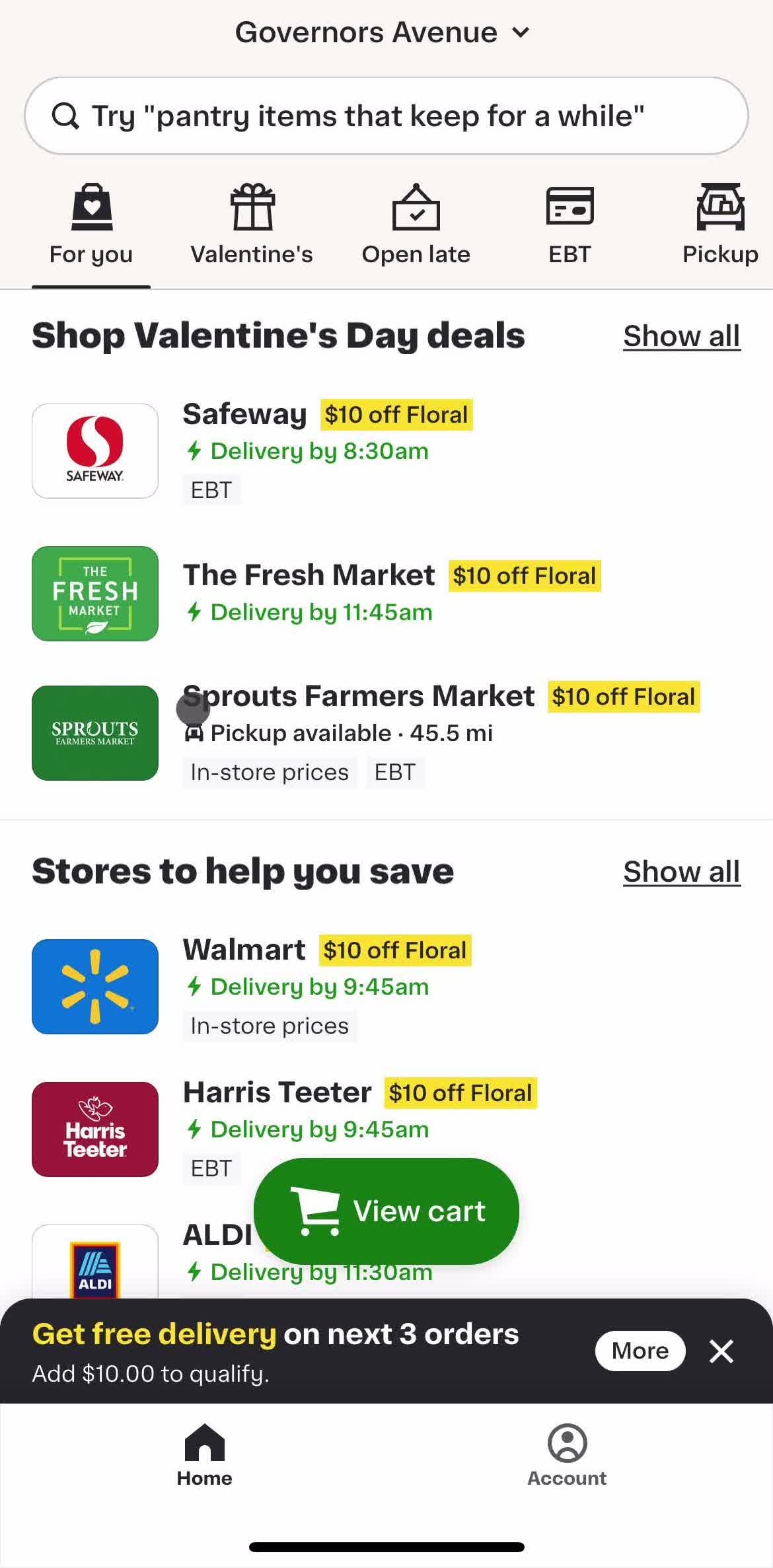 Instacart Home screen in the Saving flow