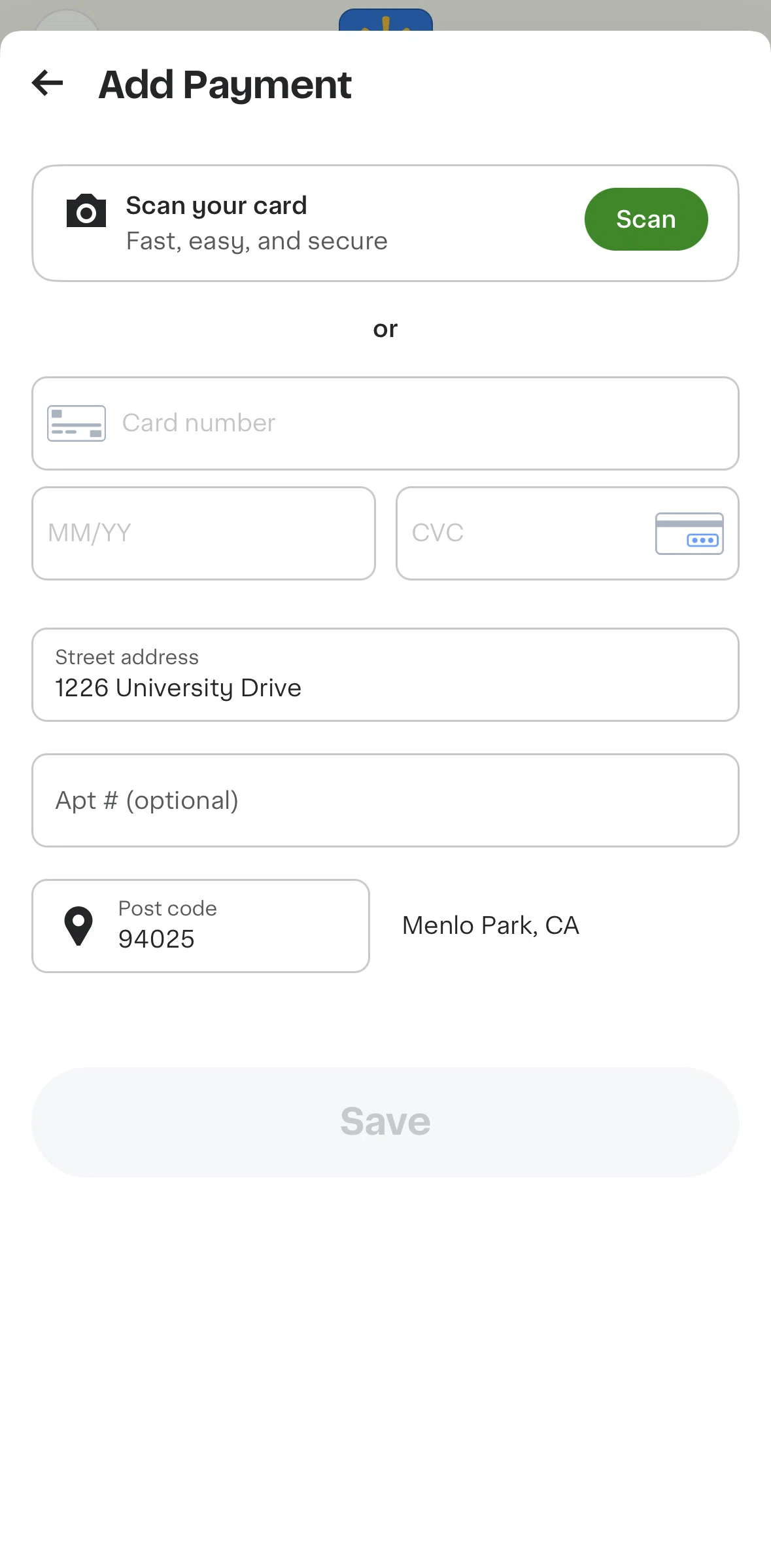 Instacart Screen screen in the Scanning a card number flow