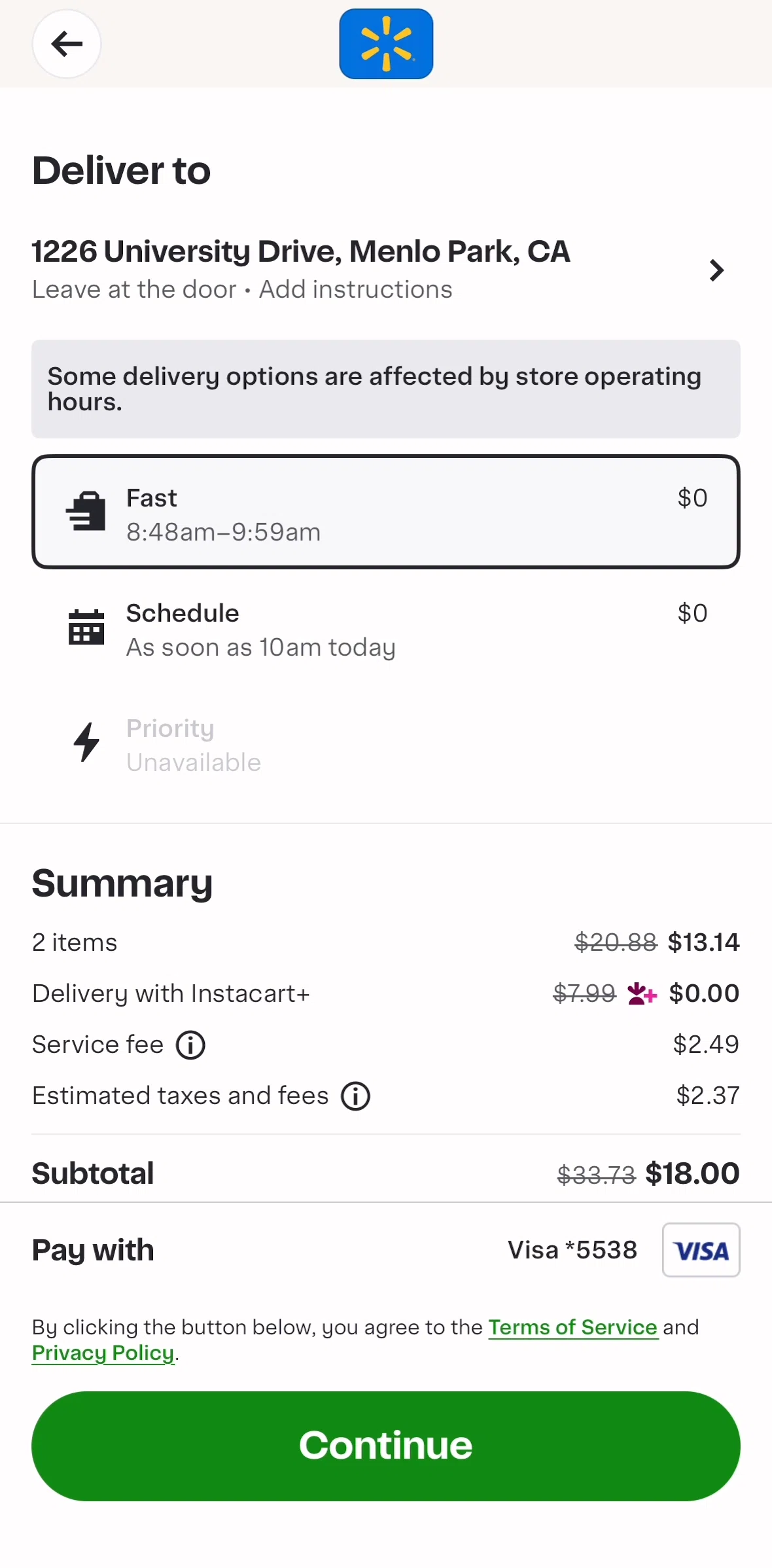 Instacart Screen screen in the Scheduling a delivery order flow