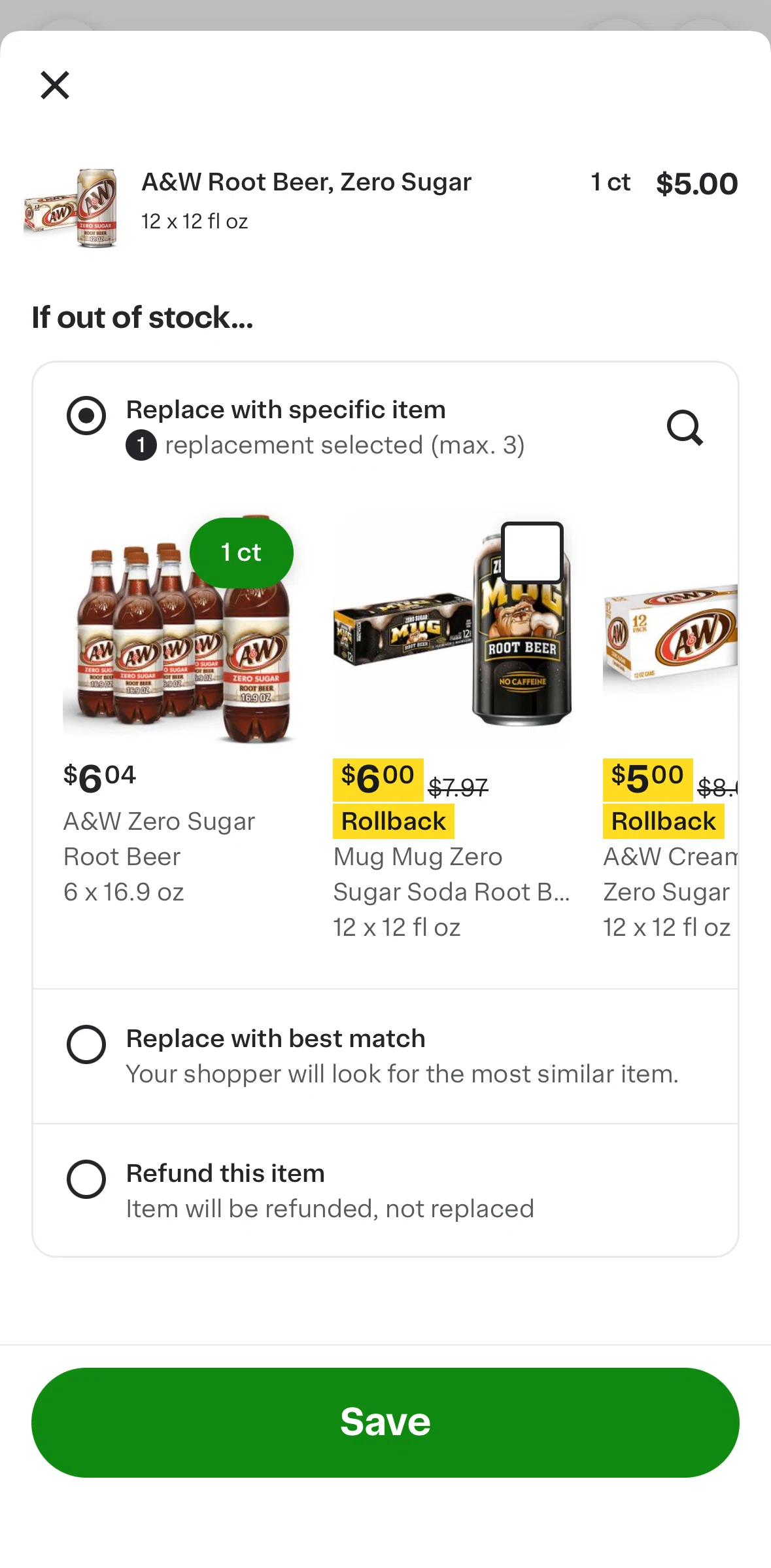 Instacart Screen screen in the Searching replacement options flow