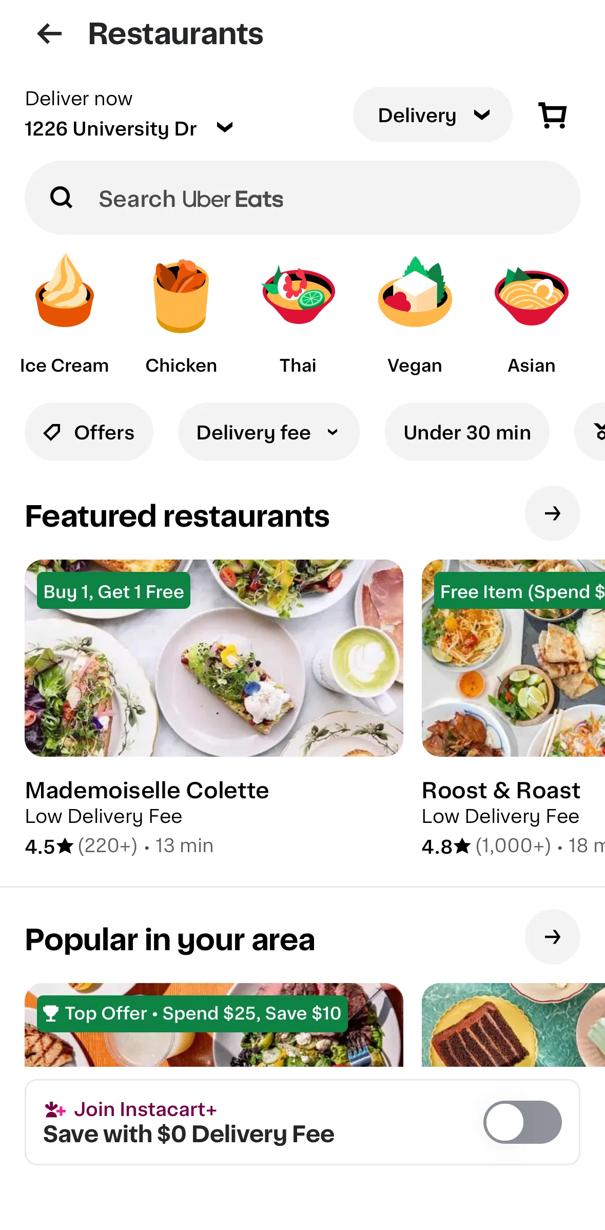 Instacart Screen screen in the Subscribe to Instacart+ (restaurants) flow