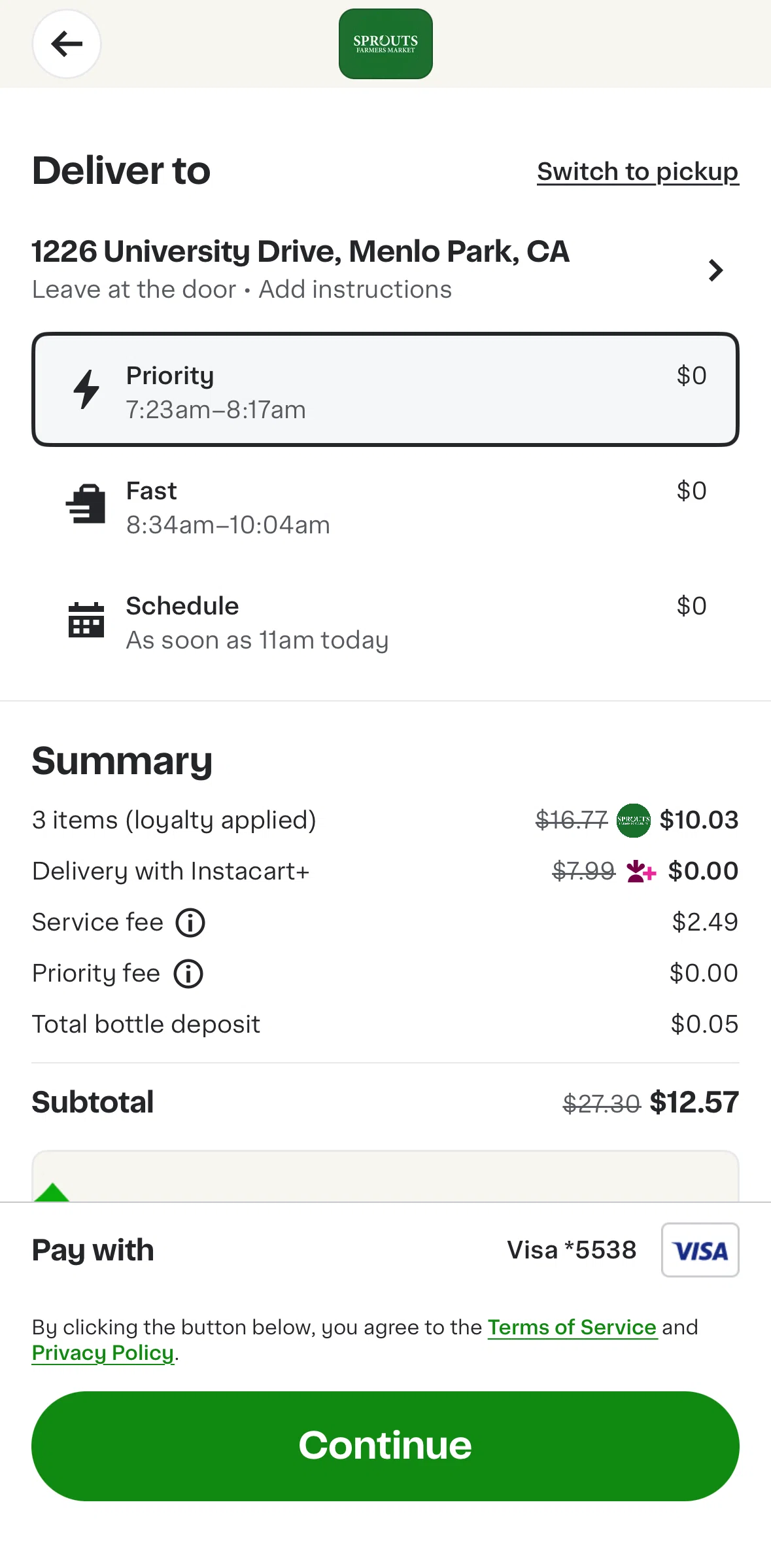 Instacart Screen screen in the Switching to pickup order flow